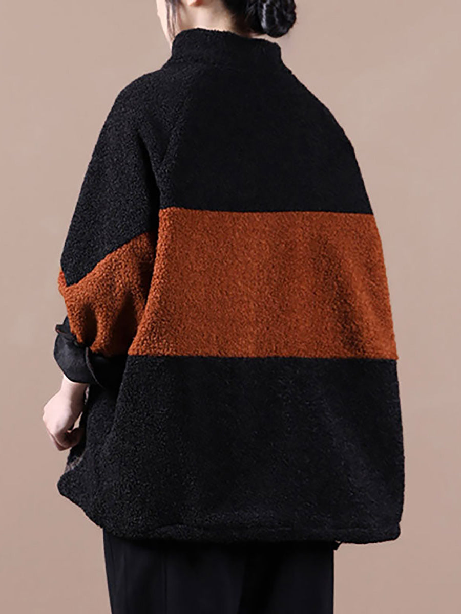 Plus Size Women's Winter Sweatshirt with Color Stitching & Zipper - Cozy Casual Wear for Cold Weather Outfits