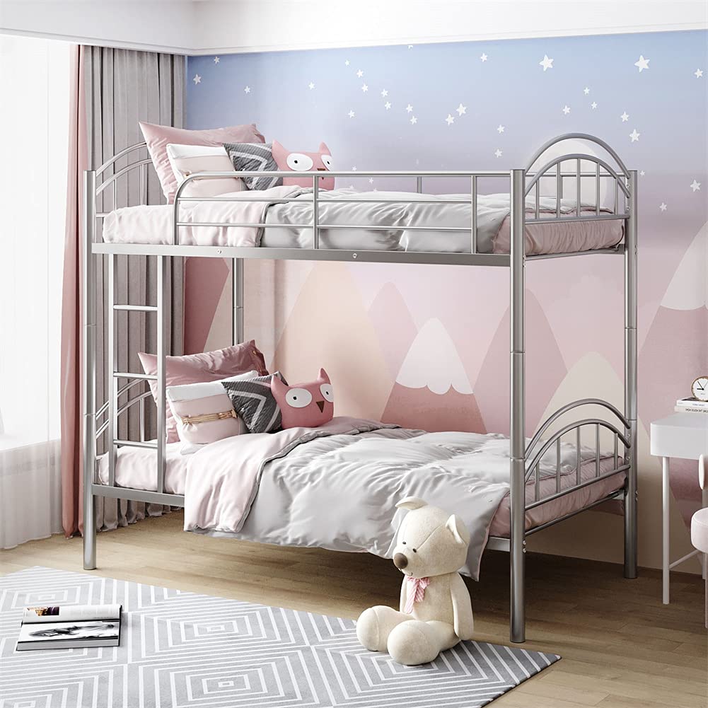 Sturdy Metal Twin Over Twin Bunk Bed with Ladder & Safety Guardrails - Convertible to 2 Separate Twin Beds (Silver) - Perfect for Kids, Teens & Adults - Ideal for Dorm Rooms, Guest Rooms & Space-Saving Bedrooms