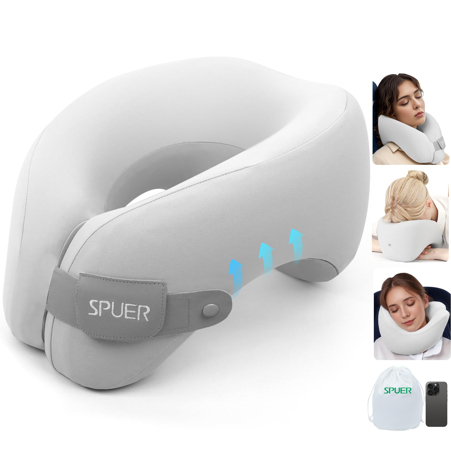 2in1 Ergonomic Memory Foam Travel Neck Pillow - 2025 Upgraded Support for Airplane, Car & Train Travel | Adjustable Velcro Strap & Drawstring Bag (Gray) | Perfect for Sleeping Upright on Flights, Road Trips & Commuting