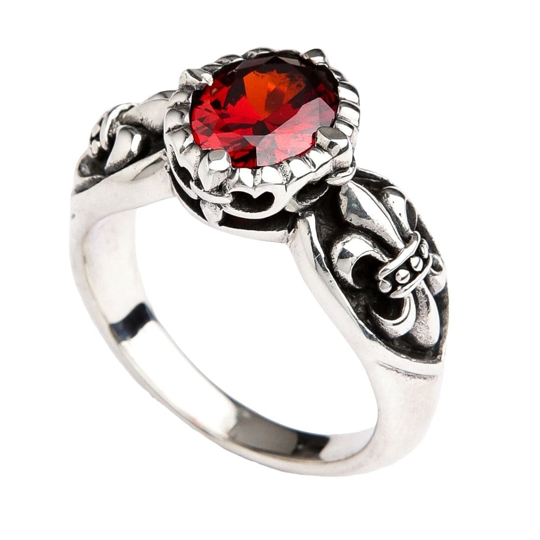 Red Garnet Medieval Fleur De Lis Sterling Silver Gothic Ring for Women - Vintage Inspired Jewelry for Renaissance Fairs, Gothic Fashion & Special Occasions