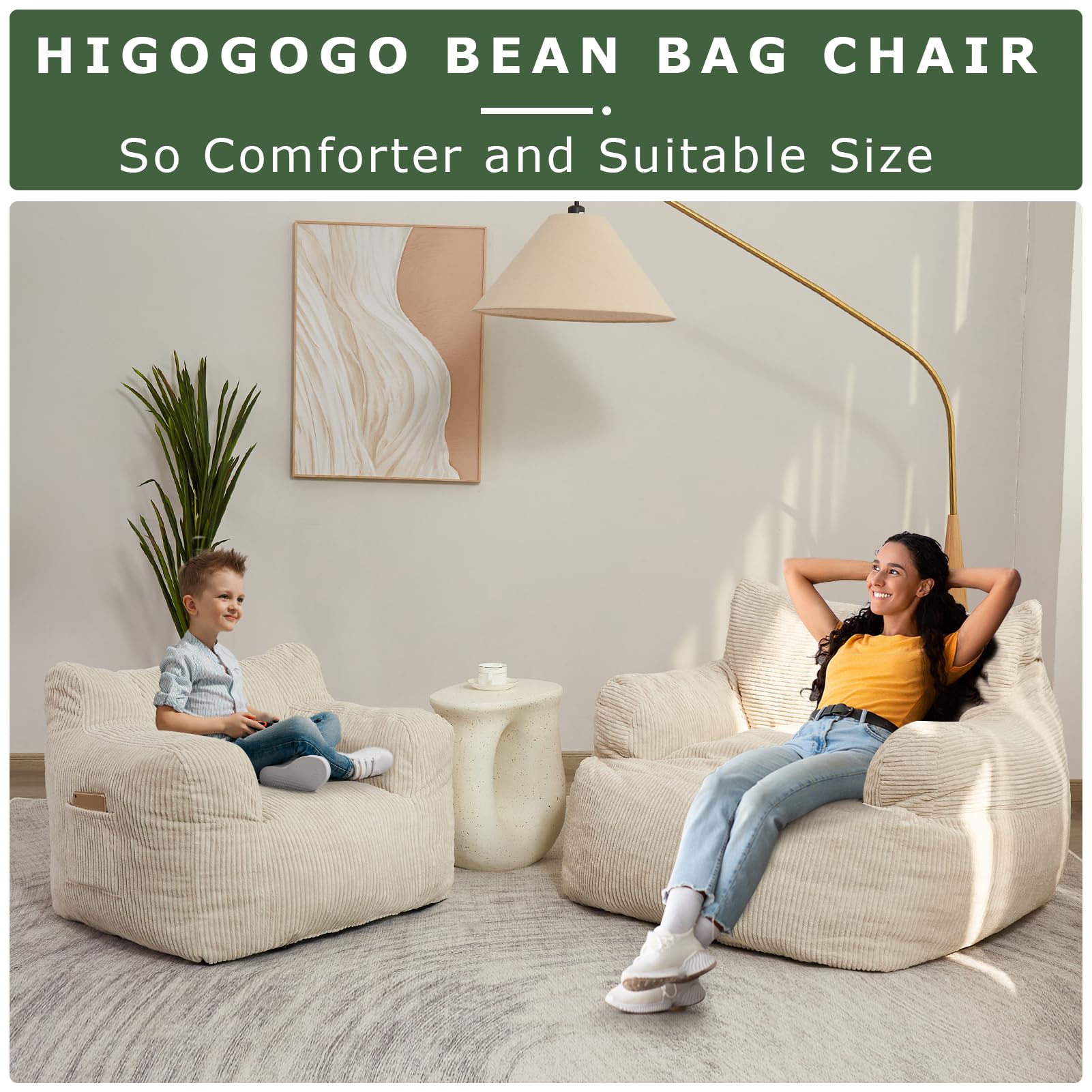 HIGOGOGO Bean Bag Chair Sofa - Extra Large Comfy Lazy Chair with Pocket Armrests for Living Room, Bedroom, Gaming & Reading - Soft Beige Fabric for Ultimate Relaxation | Perfect for College Dorms, Home Theater & Kids Playroom