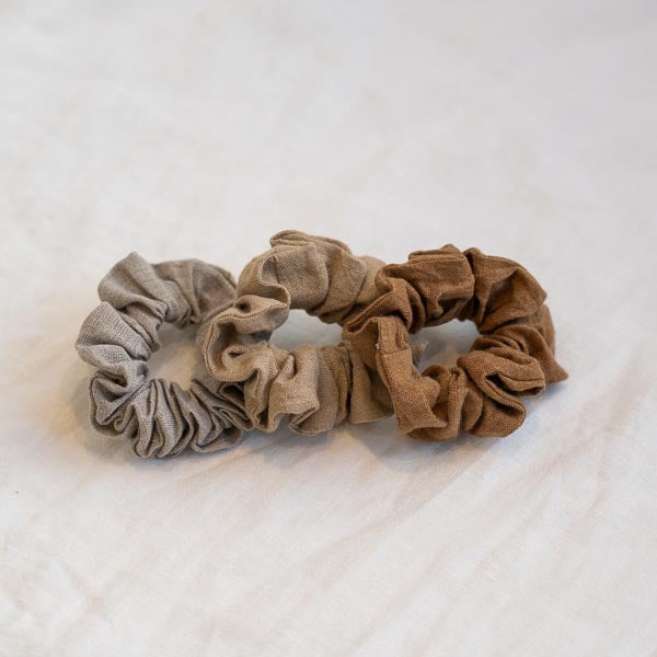 Sustainable Upcycled Linen Hair Scrunchies Set - Eco-Friendly Fabric Hair Ties for Women & Girls (3-Pack) - Perfect for Workouts, Yoga, Office & Everyday Use