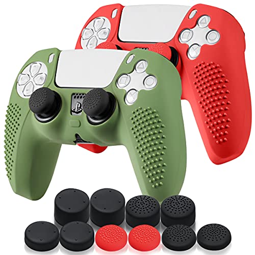 HYIEOU 2 Pack Silicone Anti-Slip PS5 Controller Skin Cover - Protective Grip Case for Playstation 5 Dualsense Controller with 10 Pro Thumb Grip Caps (Green & Red) | Enhanced Gaming Comfort & Precision for Long Play Sessions