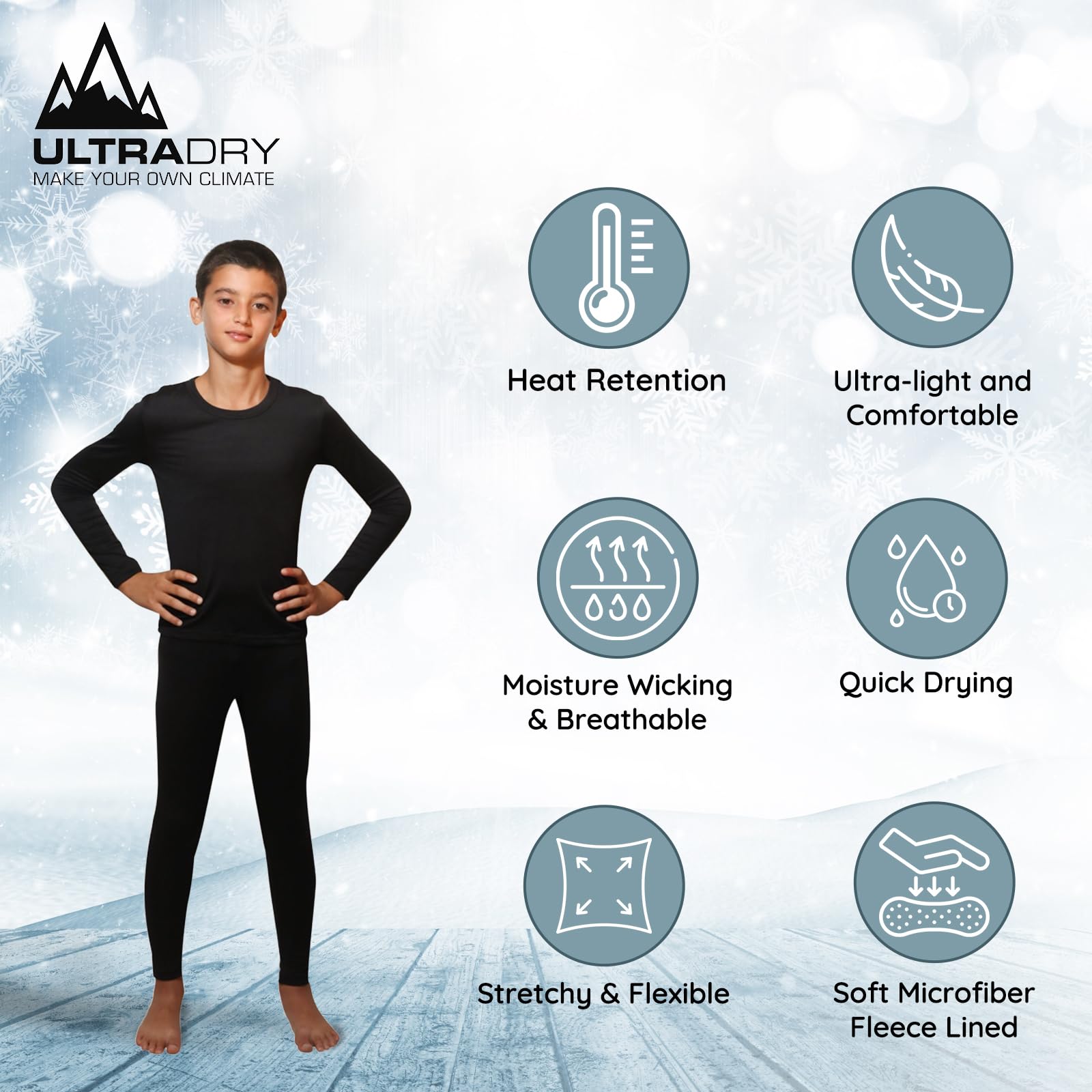 Ultra Dry Thermal Underwear for Kids - Fleece Lined Long Johns & Shirt Set - Boys & Girls Unisex Base Layer - Perfect for Winter Sports, Skiing & Outdoor Activities