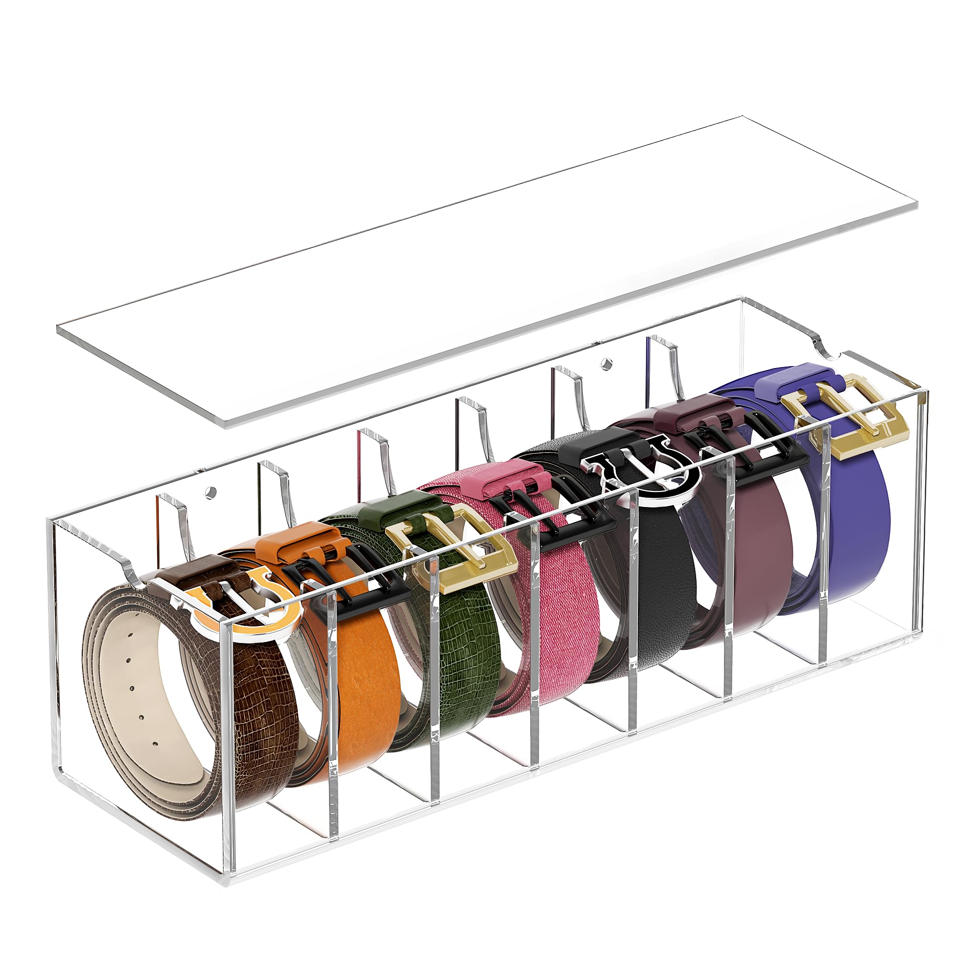 WeddingWish Acrylic Belt Organizer - 7 Compartment Clear Belt Storage with Dust Cover for Closet & Drawer - Perfect for Displaying Belts, Ties & Bow Ties | Ideal for Home Organization & Wardrobe Accessories