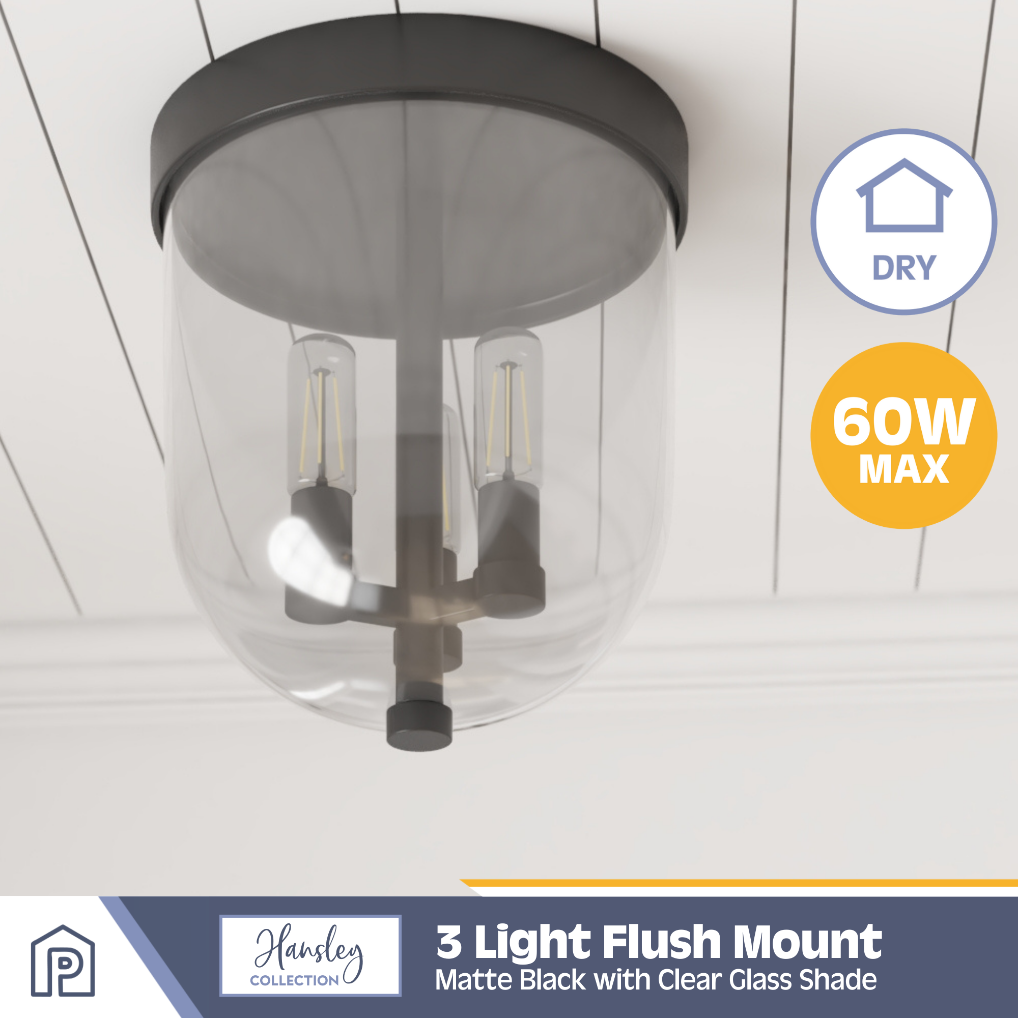 3-Light Hansley Flush Mount Ceiling Light Fixture - Matte Black with Clear Glass Shades - Perfect for Bedroom, Hallway, or Entryway Lighting