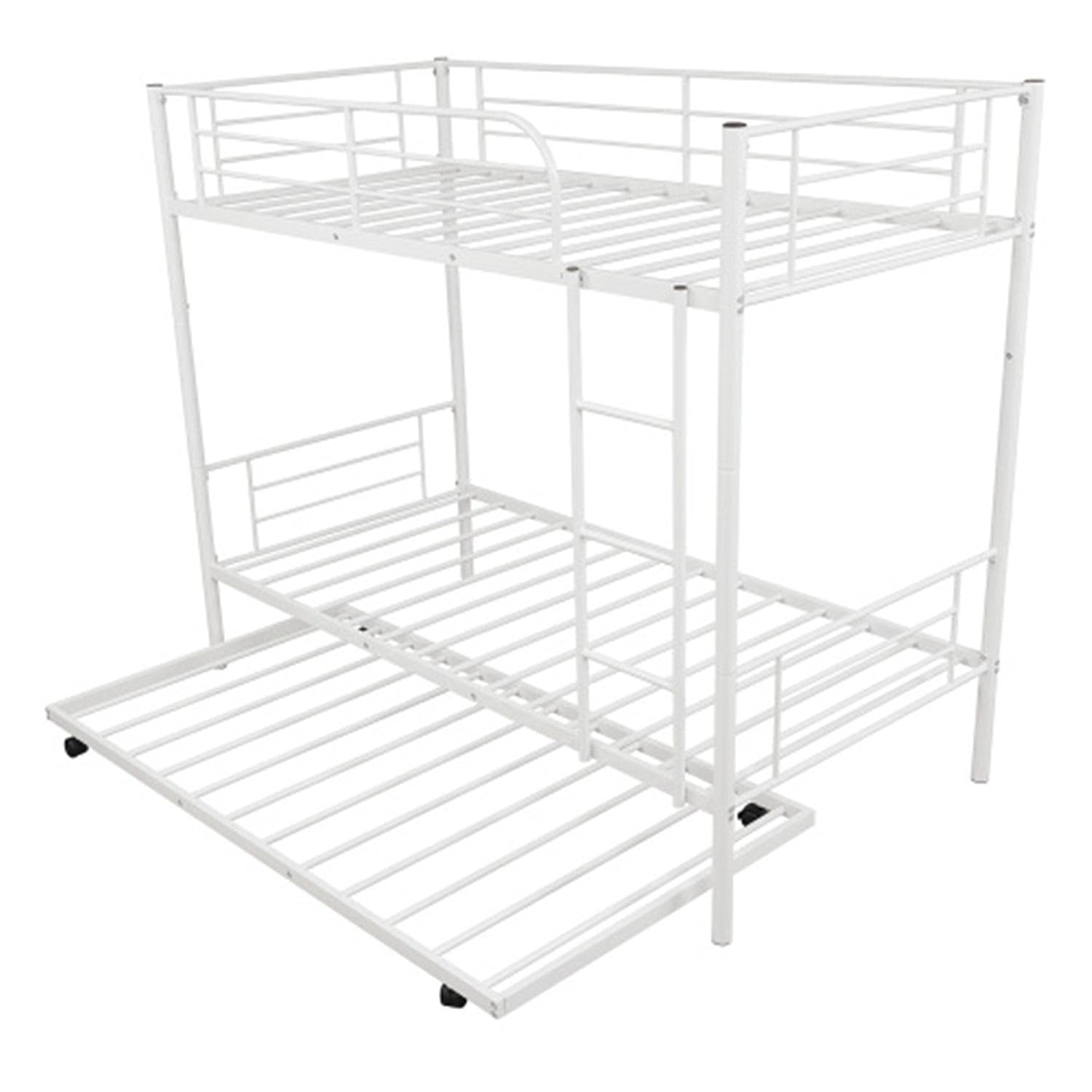 Twin Over Twin Bunk Bed with Trundle - Sturdy Metal Bunk Bed Frame with Ladder & Safety Guardrail for Adults & Teens - No Box Spring Required - Convertible to 2 Separate Beds - White - Perfect for Small Bedrooms, Guest Rooms & Vacation Homes
