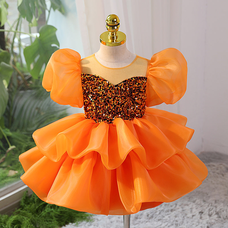 Sparkly Orange Sequin Flower Girl Dress with Back Bow - Elegant A-Line Design for Weddings, Parties & Special Occasions