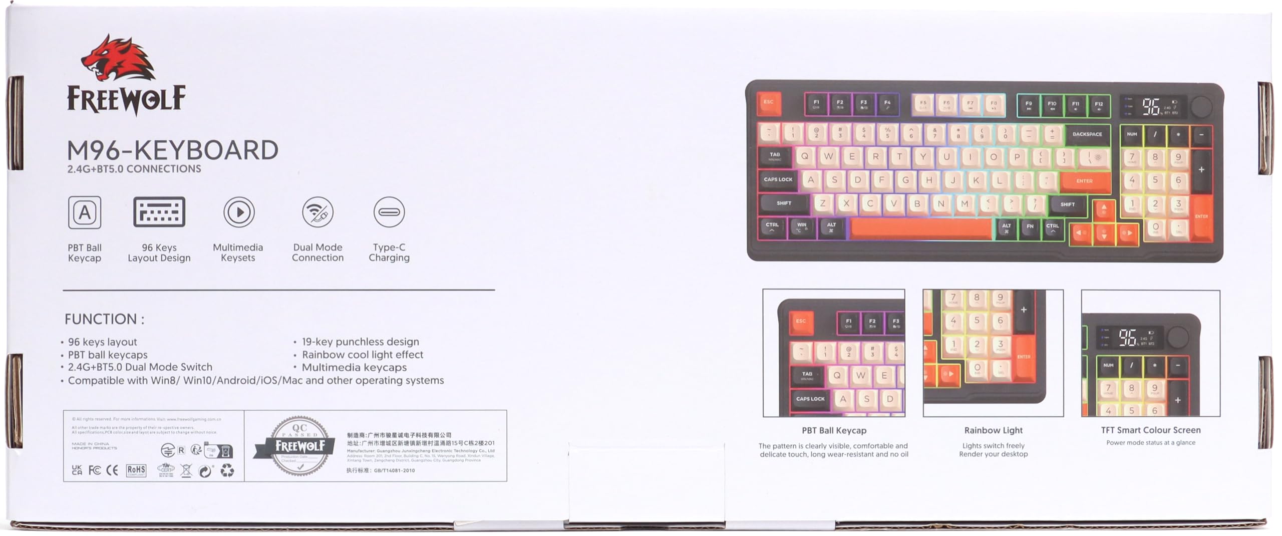 Freewolf M96 Wireless Gaming Keyboard - RGB Backlit, Knob Control, Bluetooth/2.4G for Win/Mac | Perfect for Esports & Office Work