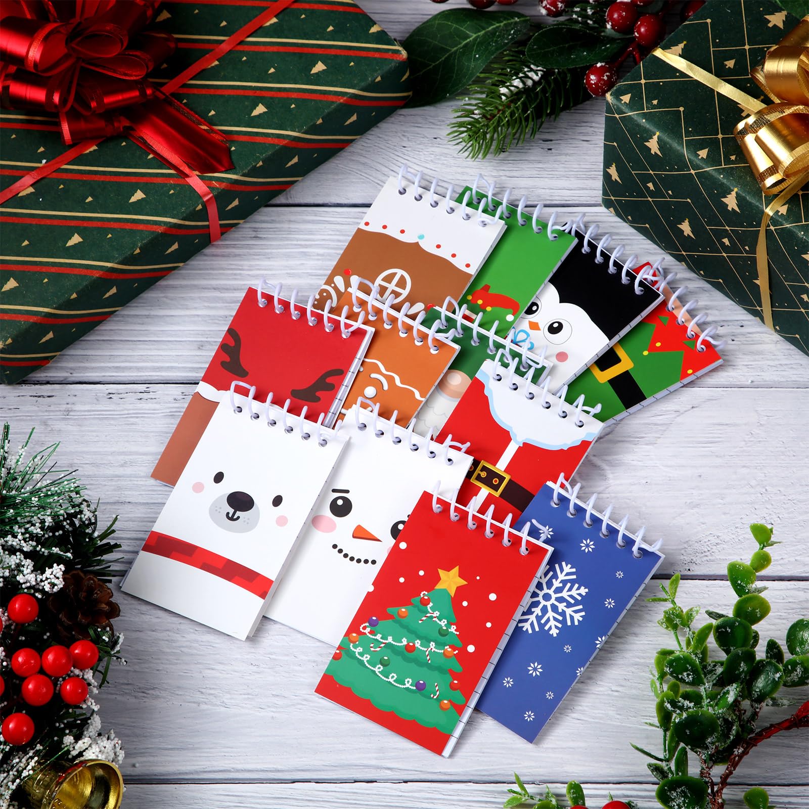 12 Pack Mini Christmas Notepads - Holiday Spiral Notebooks with Elk & Santa Designs - Lined Memo Pads Bulk for Stocking Stuffers - Perfect for Christmas Gifts, Xmas Party Supplies & Office/Home Use (12 Styles)
