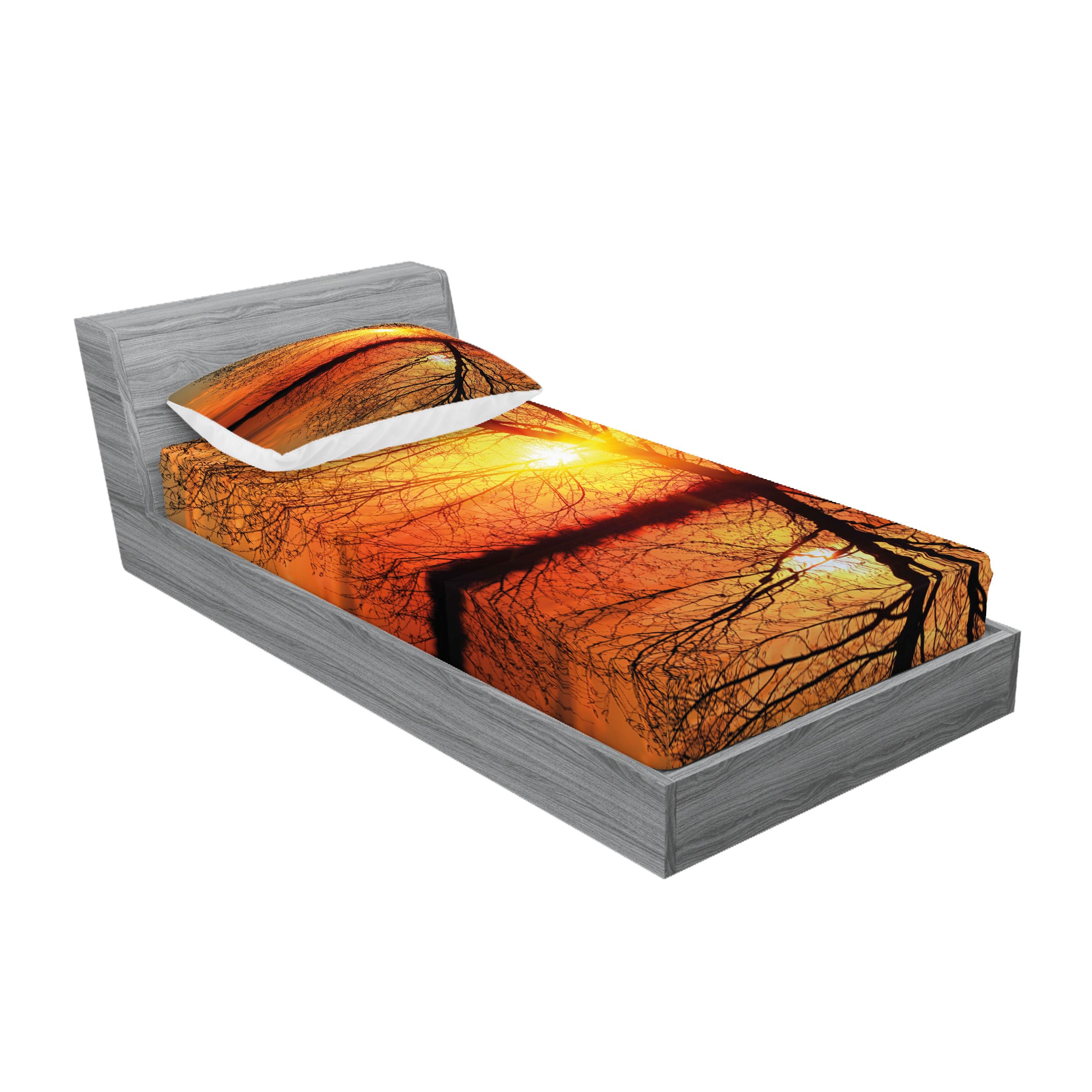 Ambesonne Autumn Fitted Sheet & Pillow Sham Set - Fall Sunset Tree Panorama with Water Reflection, 2-Piece Printed Bedding Decor in Orange & Black (Twin Size) | Perfect for Seasonal Home Decor, Guest Rooms & Cozy Autumn Bedroom Makeovers