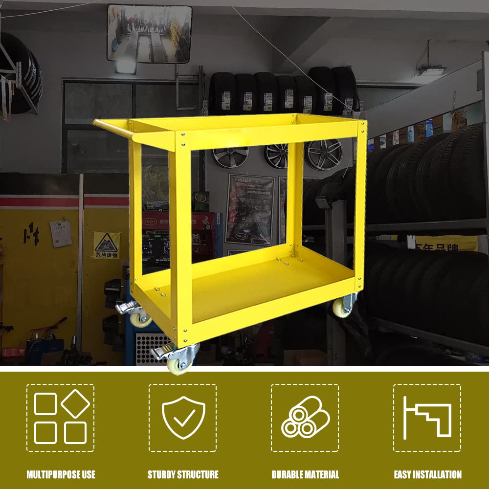 30in Large Steel Service Cart with Wheels - 2 Shelf Heavy Duty Metal Utility Cart - 300 lbs Capacity Rolling Tool Cart - Yellow - Perfect for Workshop, Garage, and Industrial Use