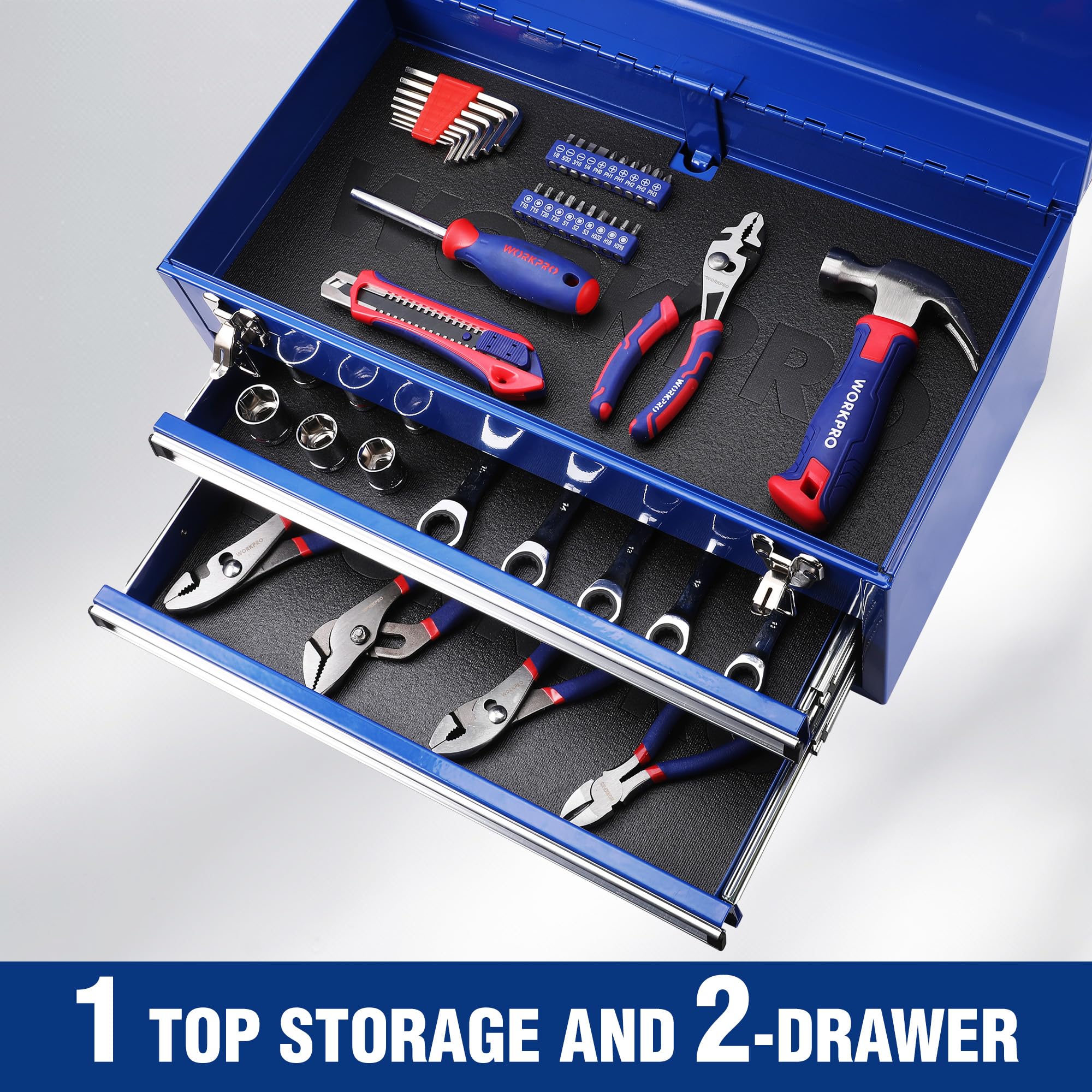 WORKPRO 18 Inch Heavy Duty Metal Tool Box with 2 Drawers & Top Storage - 100 LBS Capacity, Portable Tool Chest with Secure Latch & Non-Slip Liner for Garage, Workshop, Office & Home Organization - Perfect for DIY Projects, Car Repair & Tool Storage