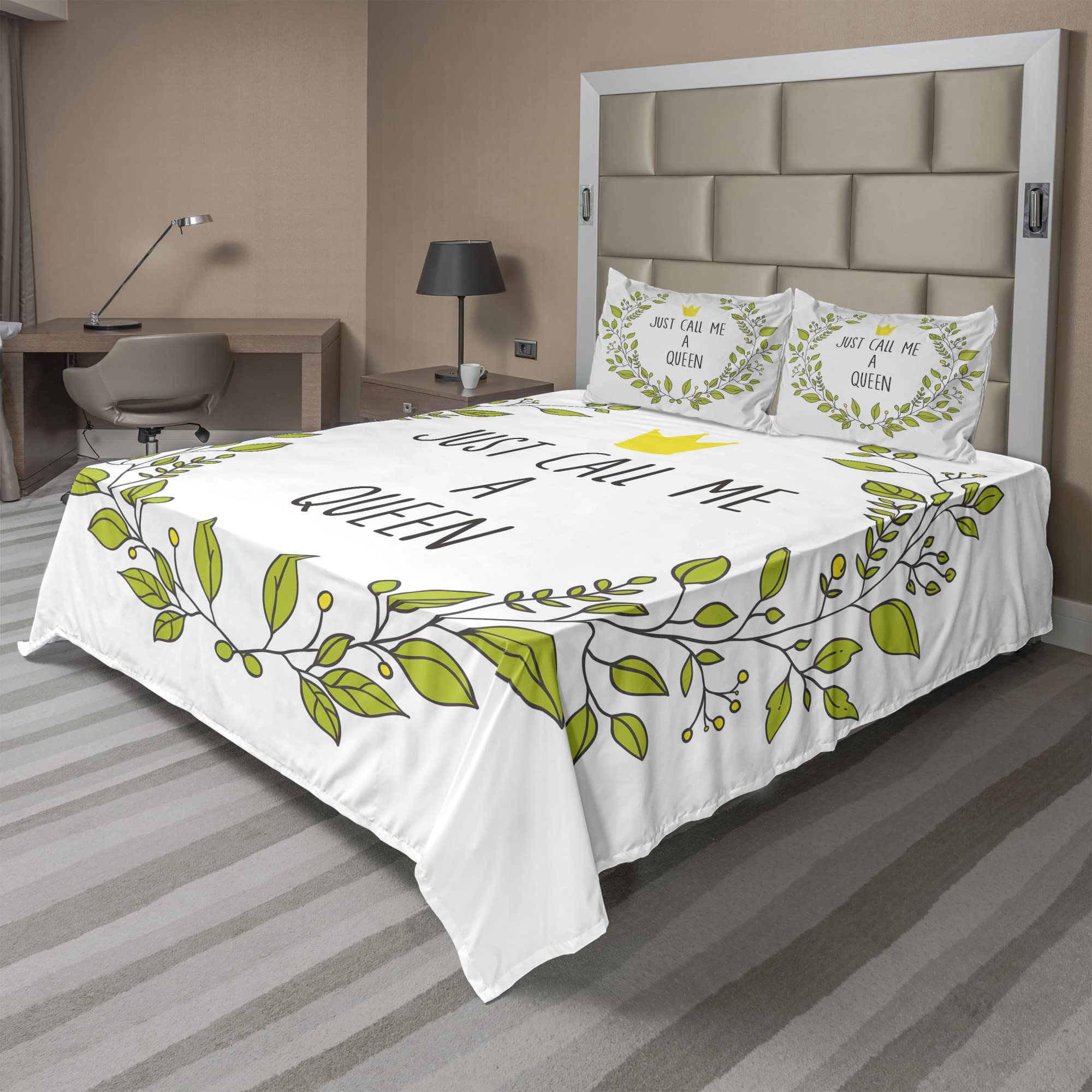 Ambesonne Queen Sheet Set - Wreath Branches with 'Just Call Me Queen' Lettering & Little Crown Design, 4-Piece Bedding Set Includes Fitted Sheet, Flat Sheet & Pillowcases, Full Size, Grey Apple Green - Perfect for Queen-Themed Bedrooms, Guest Rooms & Luxury Home Decor