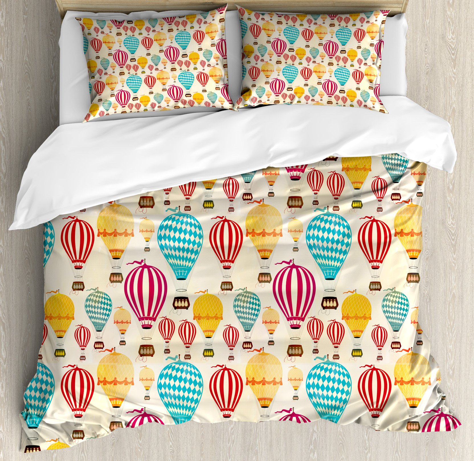 Vintage Hot Air Balloons Duvet Cover Set - Geometric Rhombus & Stripe Pattern 3-Piece Queen Bedding with 2 Pillow Shams | Multicolor Travel-Themed Decor for Cozy Bedroom & Guest Room