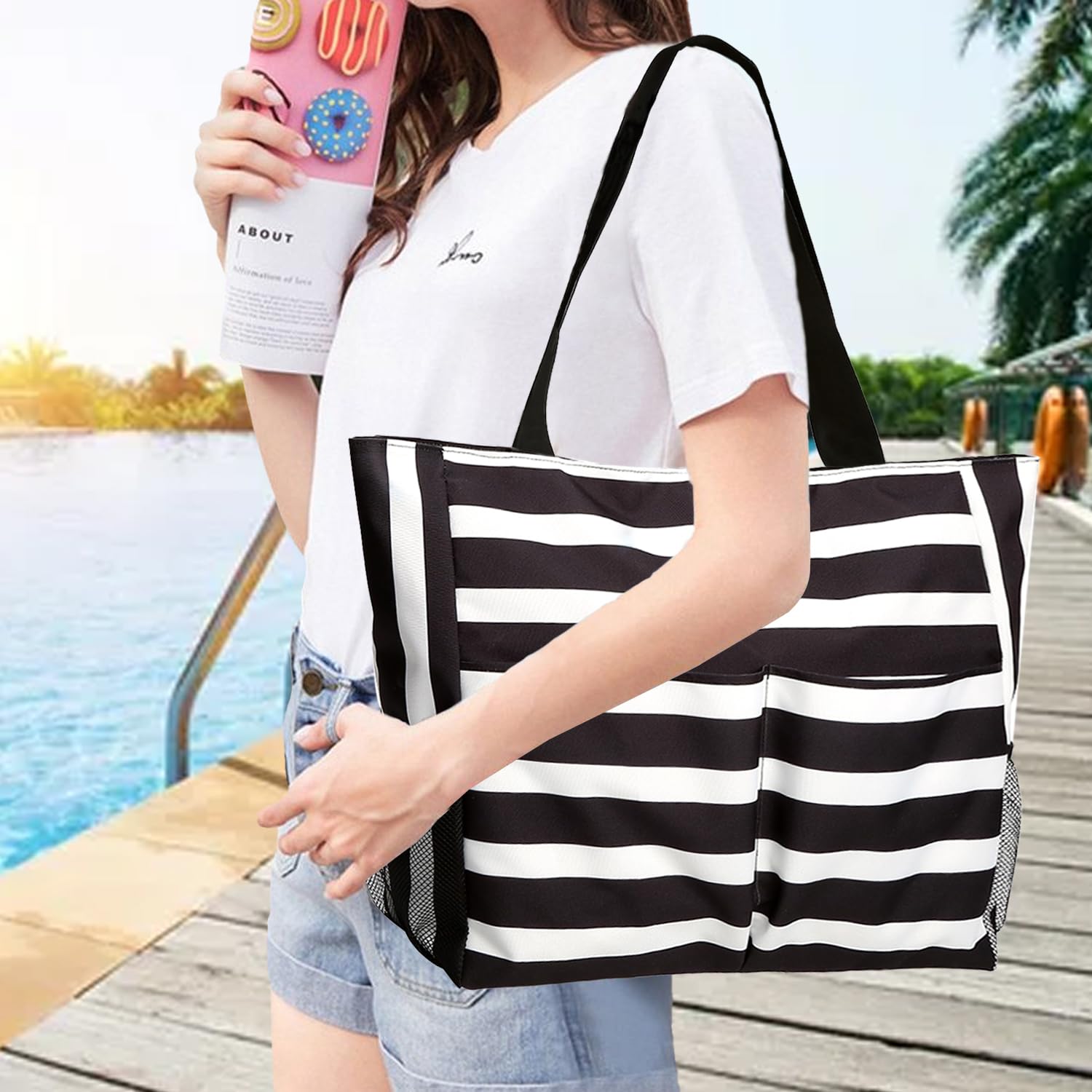Waterproof Large Beach Tote Bag for Women with Zipper - Swim Pool Bag for Travel, Vacation & Summer Outings - Perfect for Beach Trips, Pool Parties and Weekend Getaways