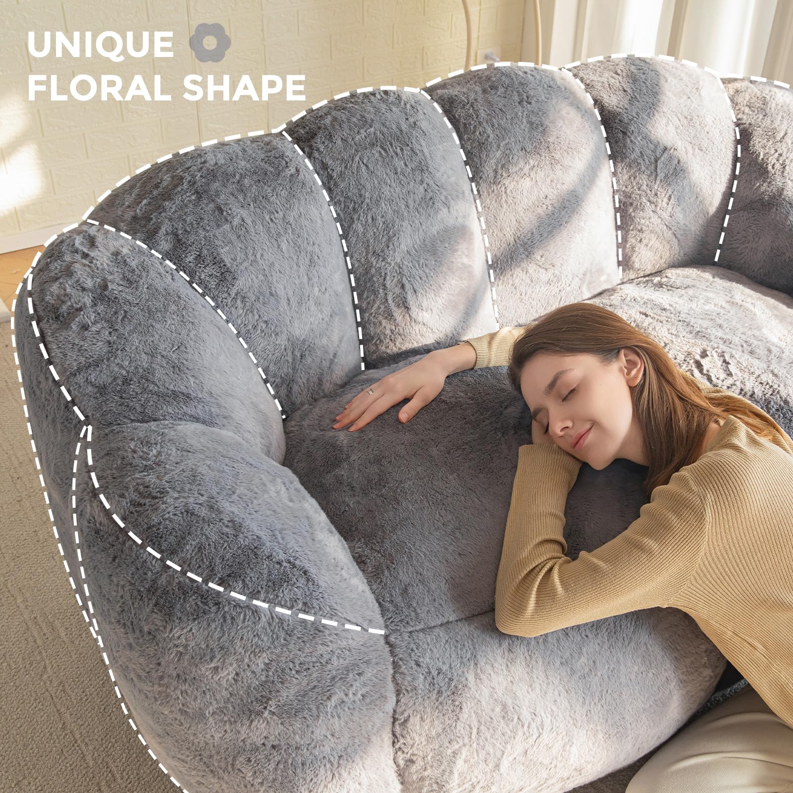 MAXYOYO Ultra Soft Faux Fur Bean Bag Chair - Double Size Loveseat with Floral Petal Back Design for Adults & Teens, Dark Grey - Perfect for Living Rooms, Bedrooms, Dorms & Game Rooms
