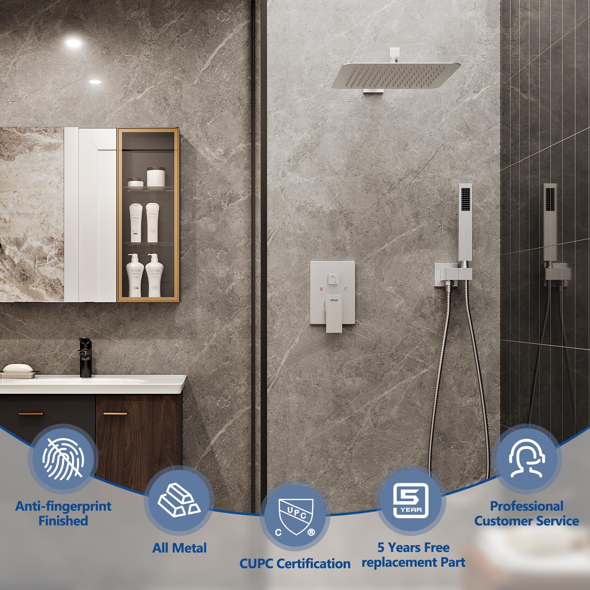 ESNBIA 12-Inch Pressure Balance Shower System - Wall Mounted Rainfall Shower Head with Handheld Spray Combo, Brushed Nickel Finish - High Pressure Shower Faucet Set for Luxurious Bathroom Experience | Perfect for Master Bath, Spa-Like Showers & Modern Home Renovations