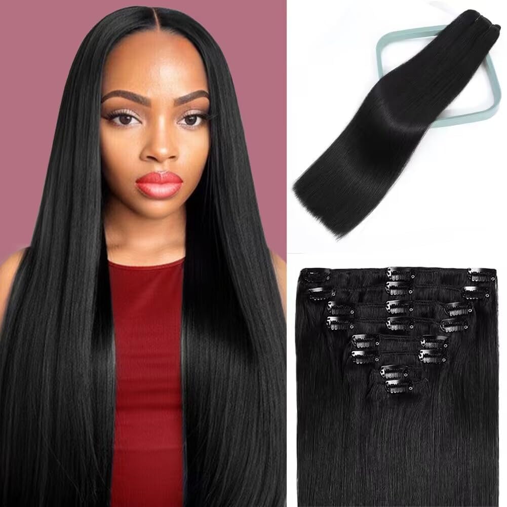 Clip in Hair Extensions 20 Inch - 8pcs Double Weft Brazilian Remy Human Hair (Jet Black) | 100% Real Human Hair for Straight & Natural Look | Perfect for Daily Wear, Parties, Weddings & Special Occasions