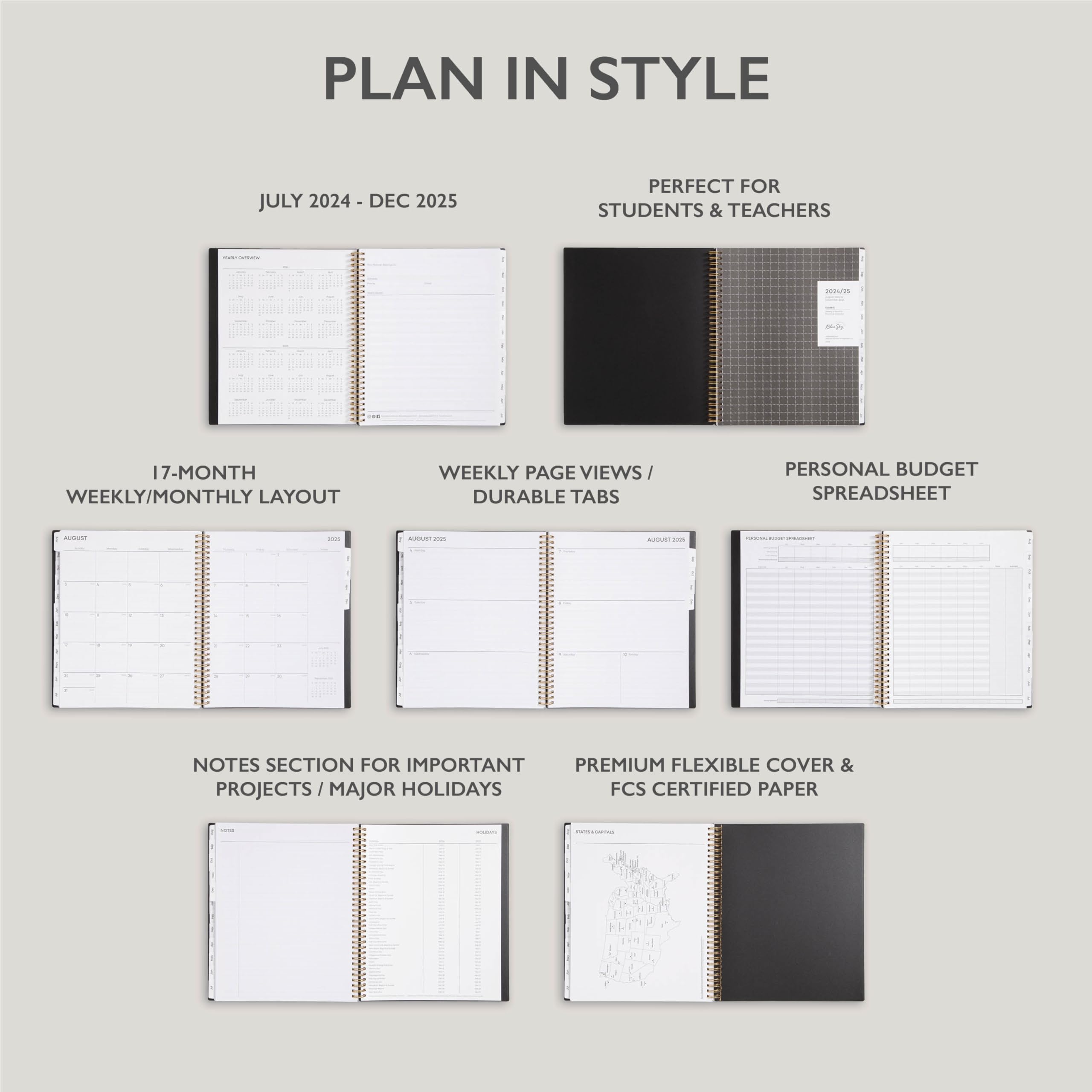Blue Sky 17-Month 2024-2025 Academic Planner | August 2024 - December 2025 | 8.5