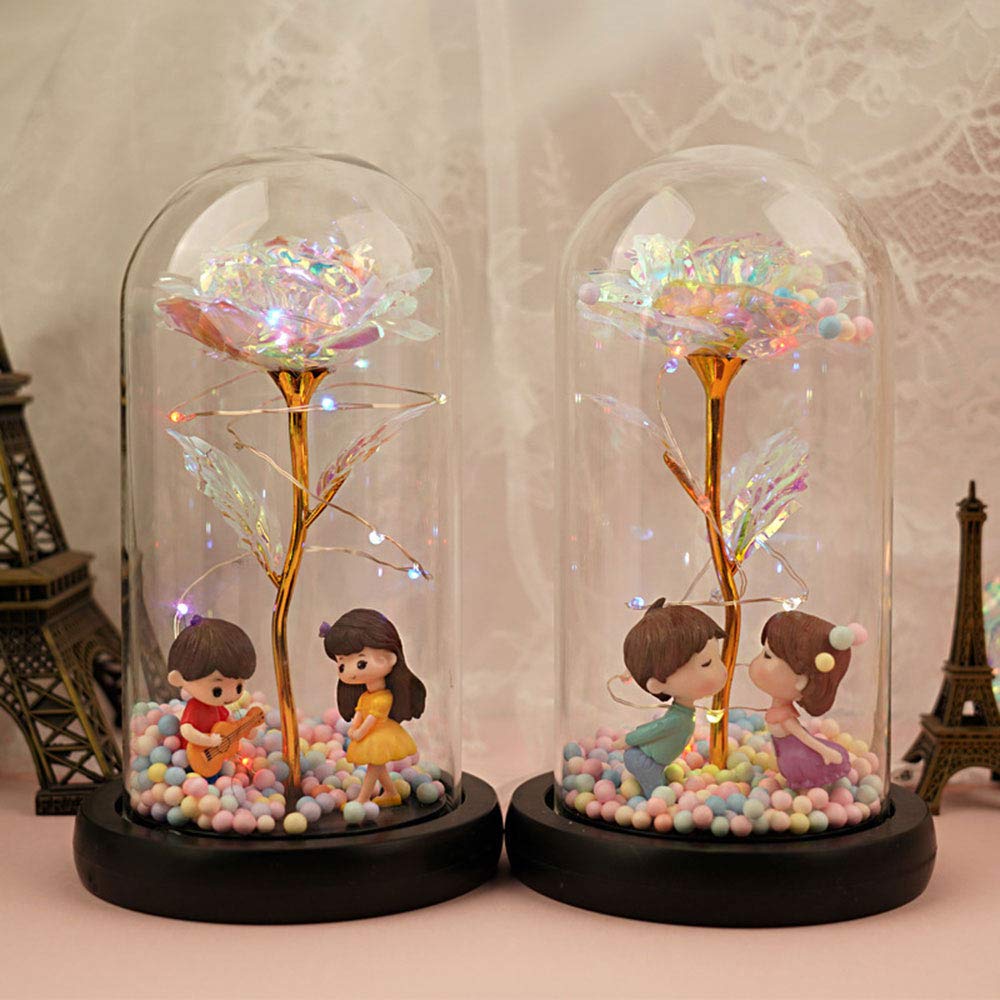 Galaxy Gold Dipped Rose Flower with LED Fairy Lights in Glass Dome on Wooden Base - Romantic Valentine's Day & Anniversary Gift for Her, Perfect for Bedroom Decor, Wedding Centerpiece, and Special Occasion Surprise