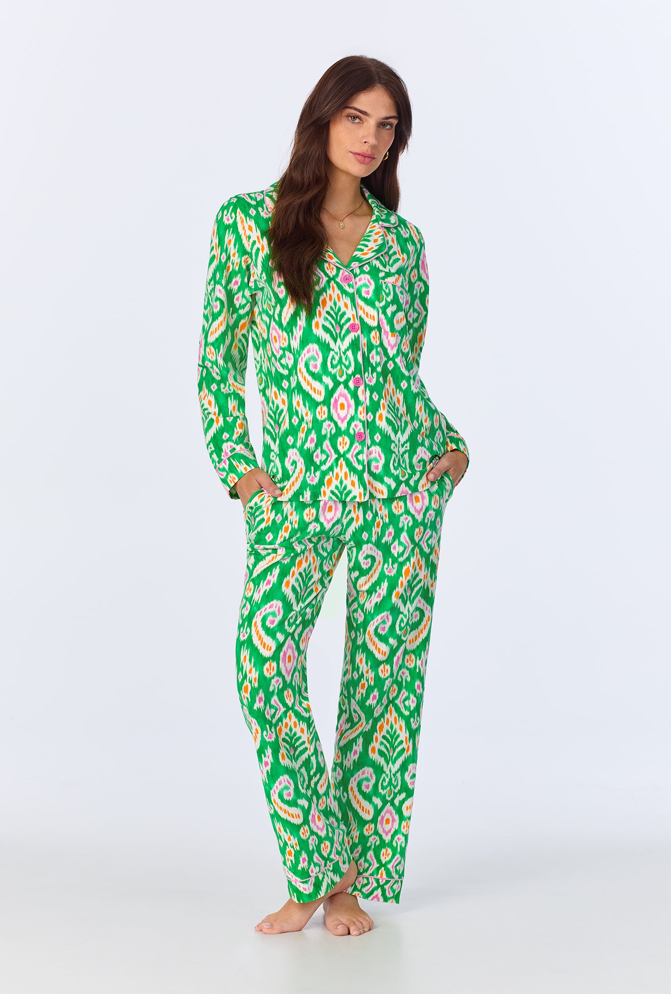 Beverly Ikat Long Sleeve Classic Stretch Jersey Pajama Set for Women - Soft & Comfortable Sleepwear for Nighttime Relaxation and Lounging at Home