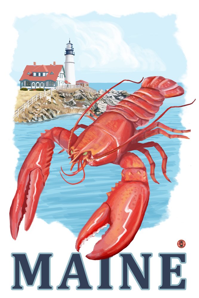 12x18 Gallery Quality Metal Art Print - Maine Lobster & Portland Lighthouse Aluminum Wall Decor for Coastal, Nautical & Beach House Themes