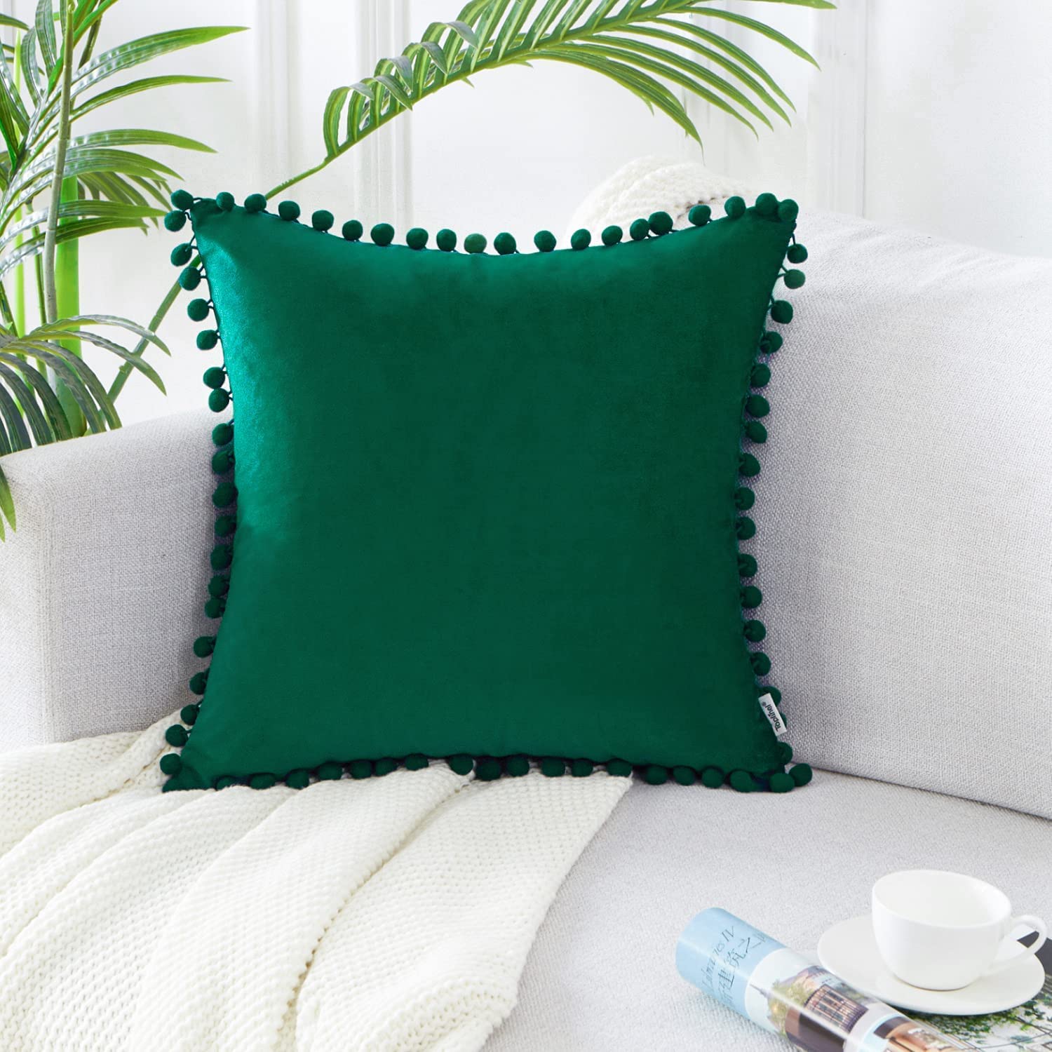 Luxury Velvet Decorative Throw Pillow Covers for Sofa & Bed - Soft Solid Cushion Covers with Pom Poms (Pack of 1, Dark Green) - Perfect for Living Room, Bedroom & Home Decor