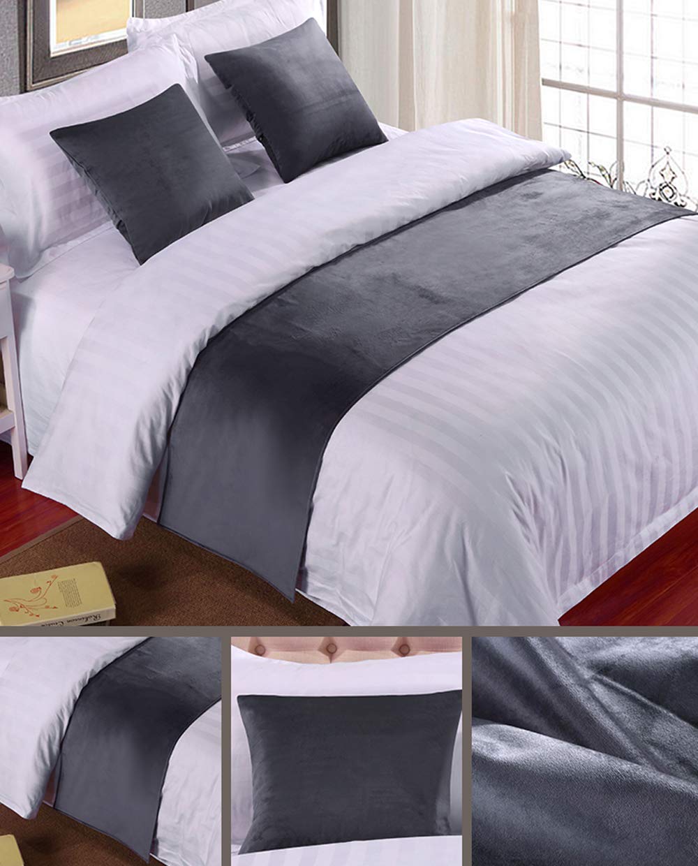 Premium Mengersi Solid Velvet Bed Runner - King Size Gray Bed Scarf Protector & Slipcover for Bedroom Decor, Hotel, Wedding Room - Perfect for Master Bedroom, Guest Room & Luxury Accommodations