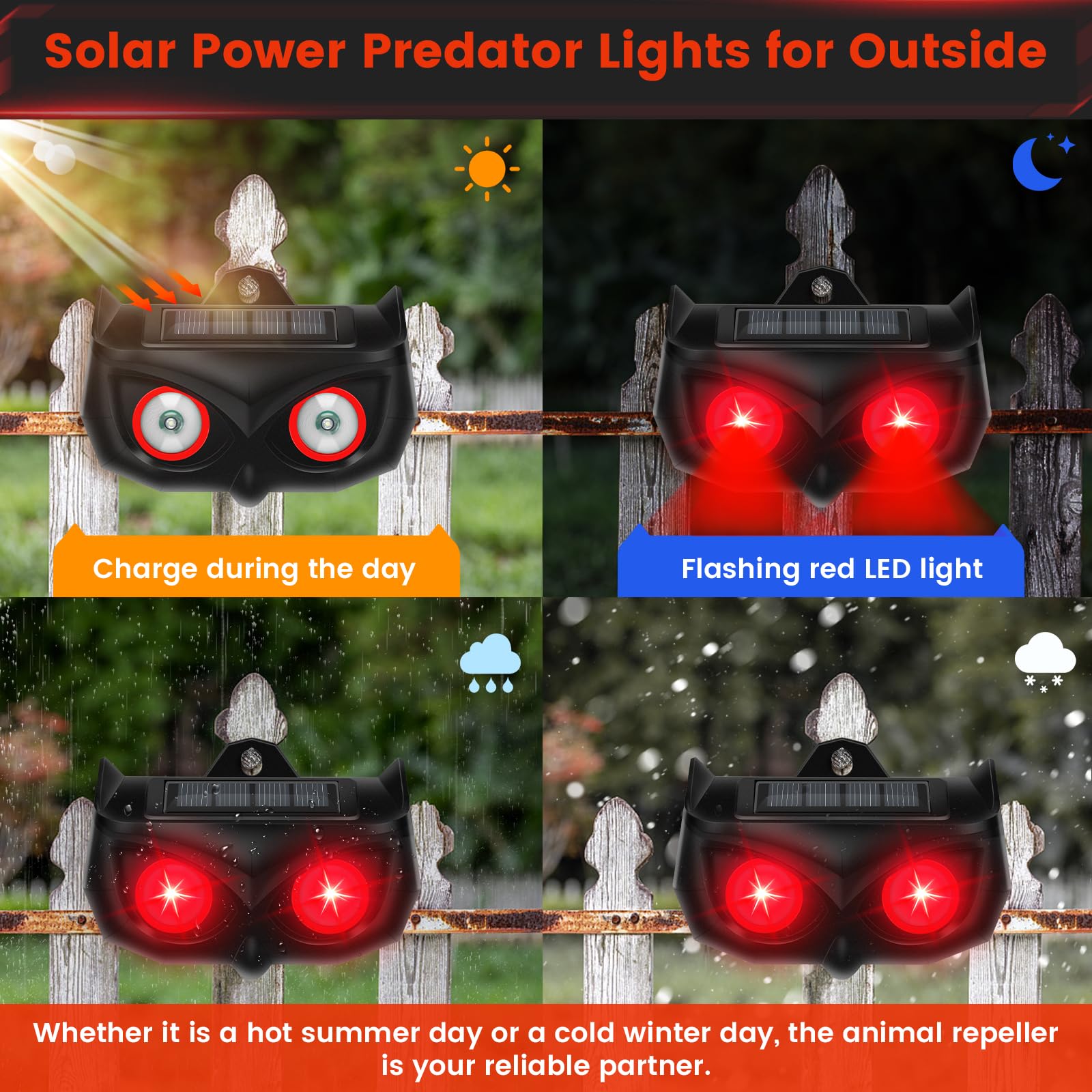 Solar Powered Animal Repeller - Waterproof Outdoor Pest Control with Red LED Lights for Coyotes, Foxes, Skunks, Raccoons & Squirrels | Effective Yard, Farm & Chicken Coop Protection Against Nocturnal Predators