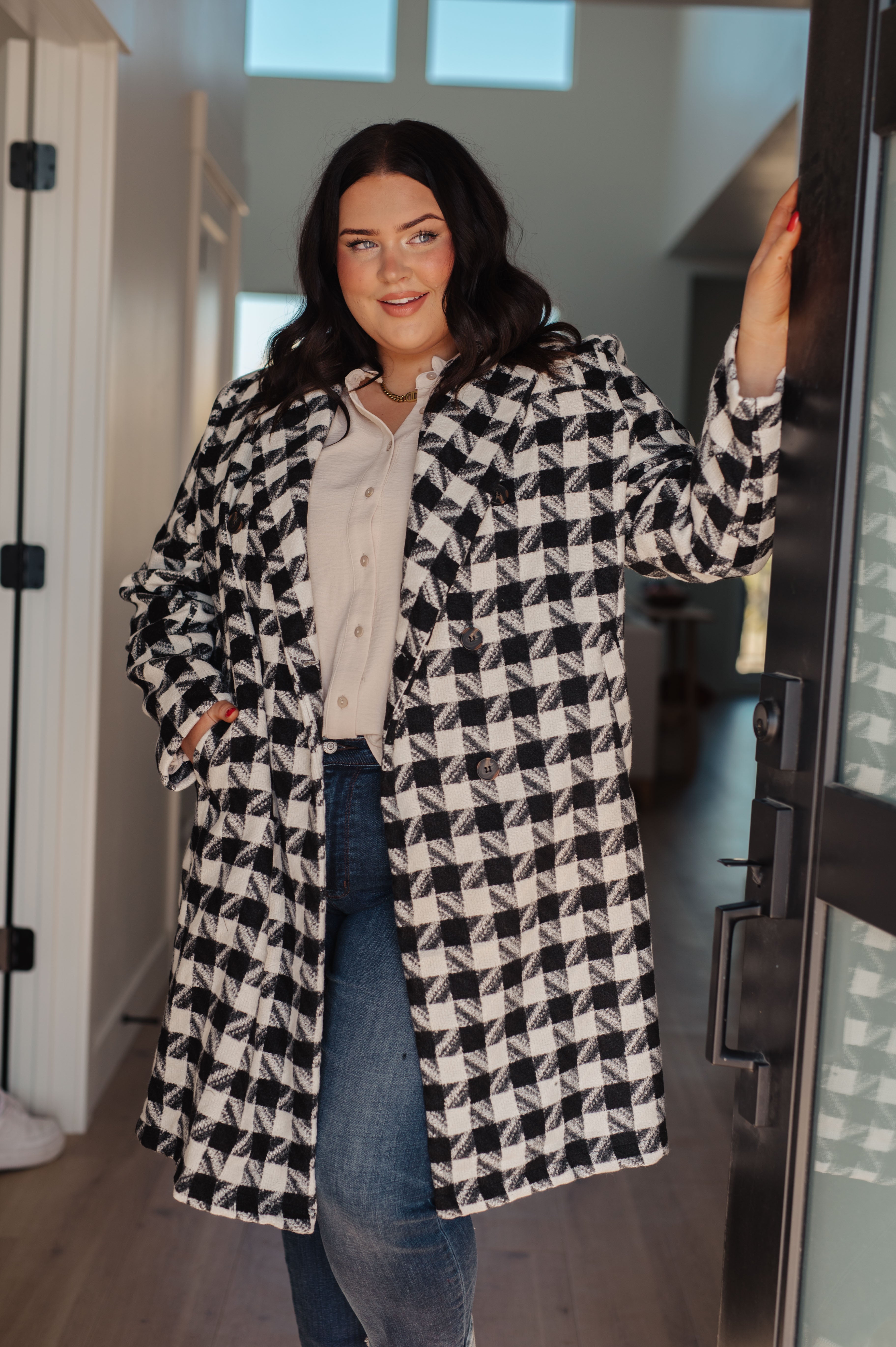 Stylish Monochrome Houndstooth Trench Coat for Women - Classic Black & White Checkered Winter Jacket | Perfect for Office Wear, Business Meetings & Fall Fashion Outfits