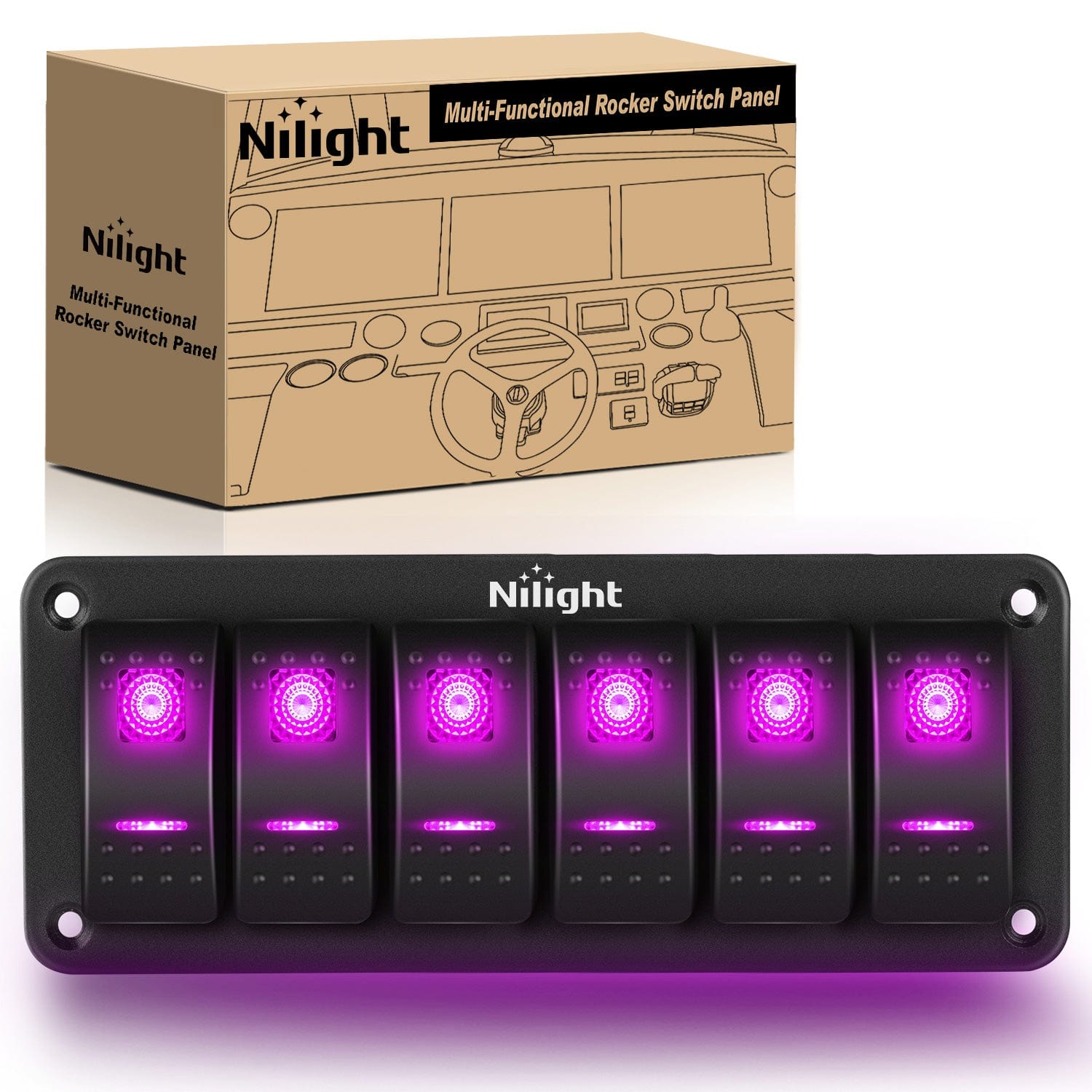 6 Gang Aluminum 5 Pin ON/Off Rocker Switch Panel - Purple LED Illuminated for Marine, RV, Truck & Boat Dashboard Control Panel