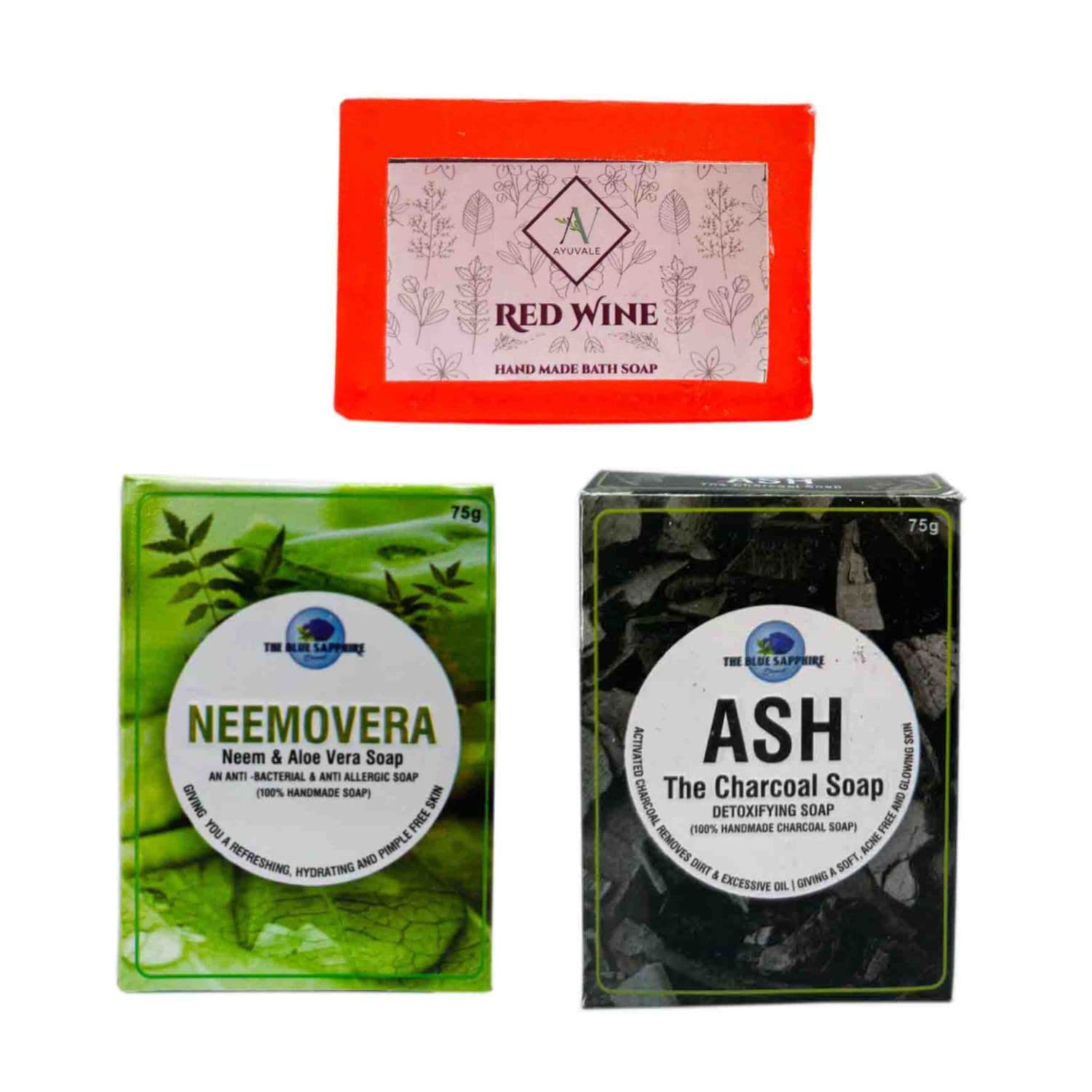 AYUVALE Handmade Red Wine & Charcoal Neem Soap Bar - Natural, Vegan, 120g (Pack of 3) | Deep Cleansing for Acne & Blackheads | Perfect for Sensitive Skin & Daily Skincare Routine