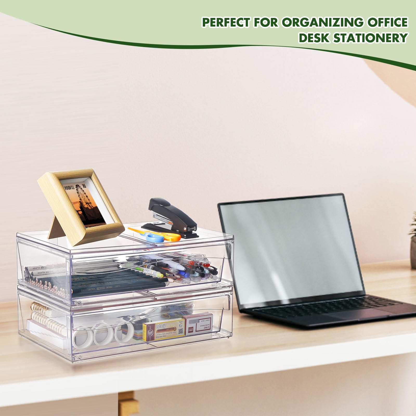 Clear Acrylic Makeup Organizer with 2 Drawers - Stackable Cosmetic Storage Box for Vanity, Bathroom & Desk - 3-Piece Set for Makeup Brushes, Skincare & Jewelry Organization