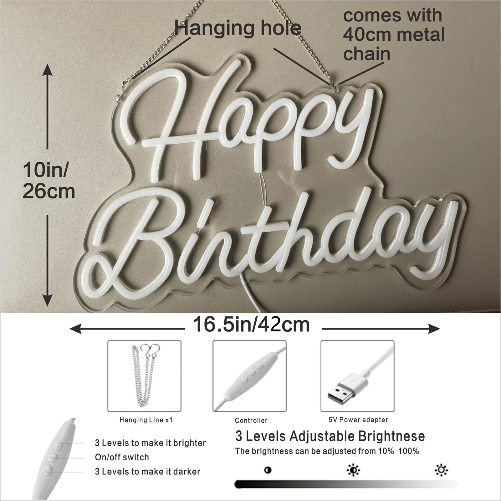 Happy Birthday LED Neon Sign - Dimmable Warm White Night Light for Bedroom, Bar, Wedding, Cafe, Christmas & Anniversary Decor | Perfect for Party Backdrops, Wall Decor & Special Events