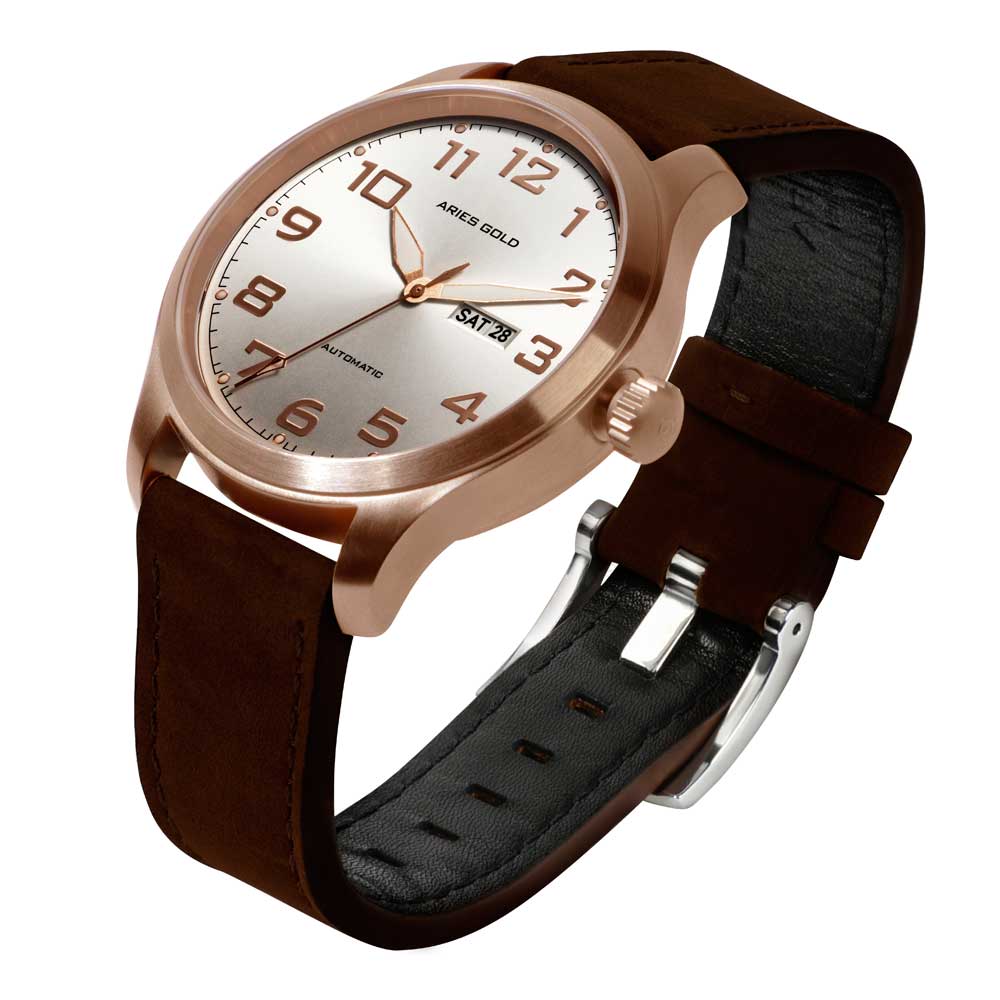 ARIES GOLD Automatic Men's Watch - Rose Gold Stainless Steel Case, Brown Leather Strap (Model G 9017 RG SRG) | Luxury Dress Watch for Business, Formal Events & Everyday Wear