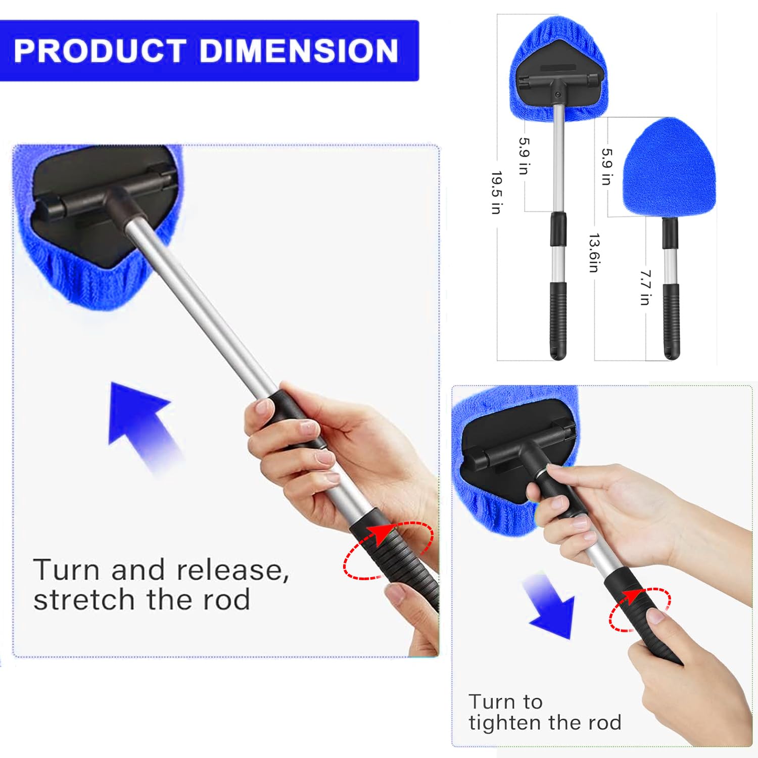 Premium Windshield Cleaner for Cars - Extendable Handle with 3 Washable Microfiber Pads | Effective Car Window Cleaning Tool for Streak-Free Shine | Perfect for Home, Office & Road Trip Use