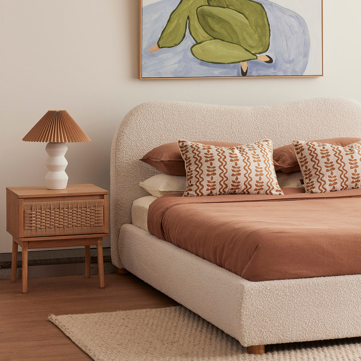Cloud Boucle King Bed Frame - Oak Finish with Cream Upholstery | Modern Bedroom Furniture for Luxurious Comfort & Style