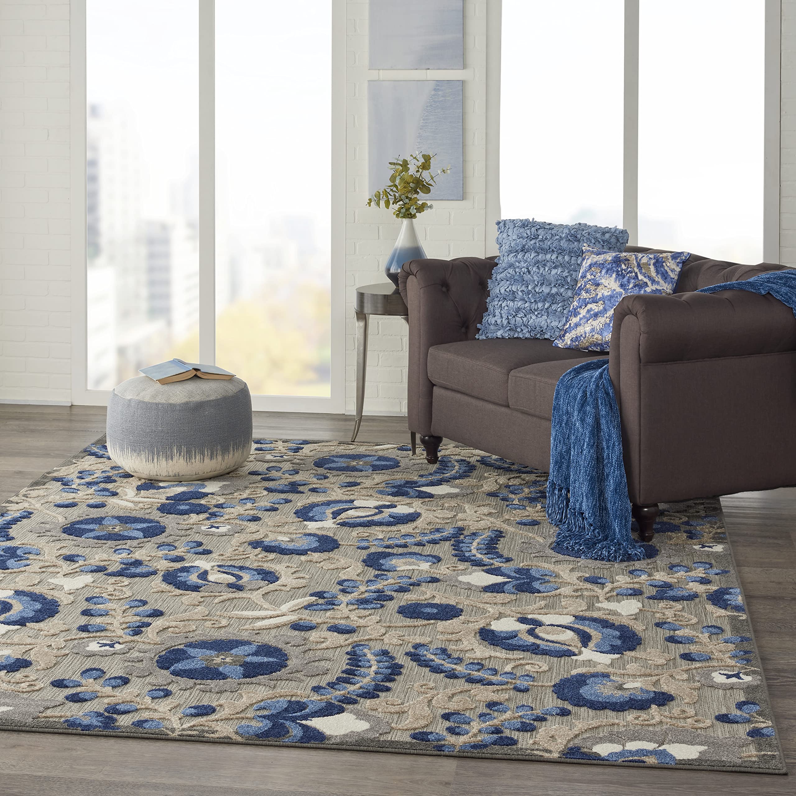 Nourison Aloha 7' x 10' Indoor Outdoor Area Rug - Natural Blue, Non-Shedding & Easy to Clean - Perfect for Bedroom, Living Room, Dining Room, Backyard, Deck & Patio