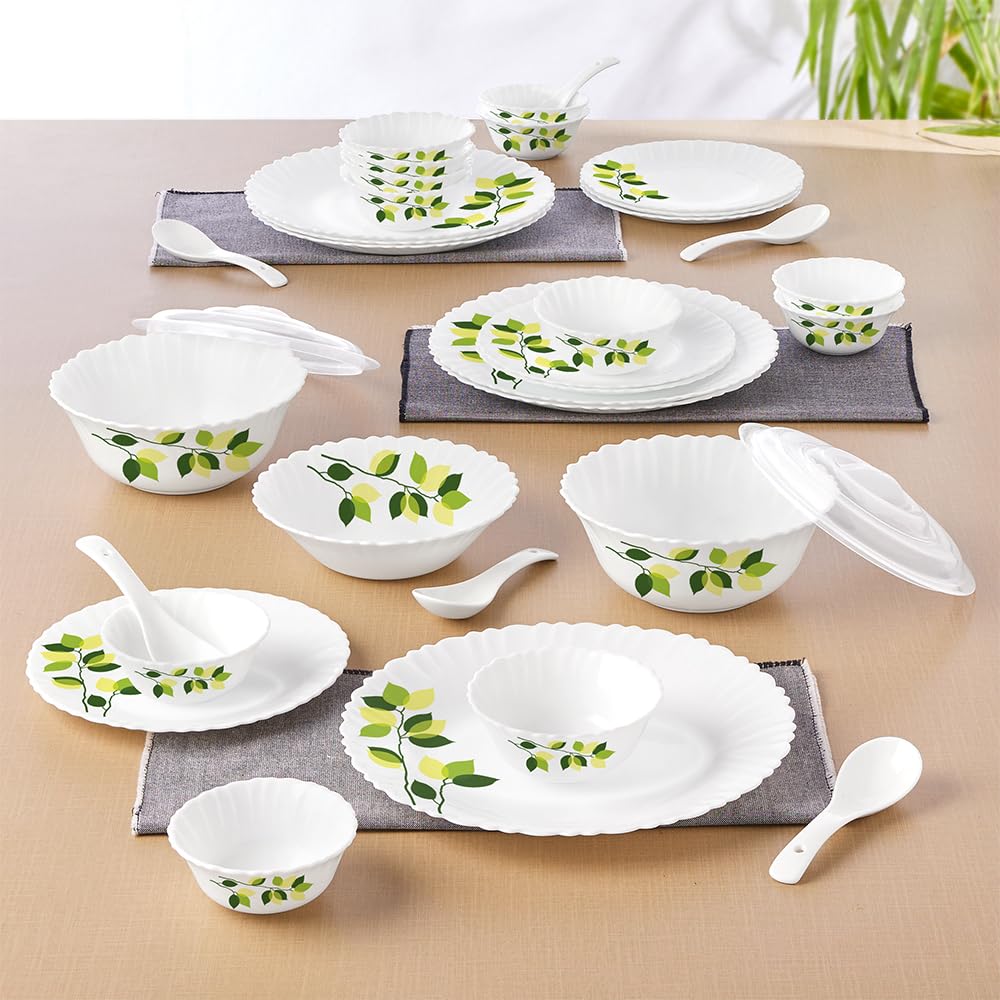 35-Piece Borosilicate Glass Dinnerware Set - Service for 6 with Stackable Plates, Bowls, Lids & Spoons - Chip & Stain Resistant, Microwave & Dishwasher Safe - White with Green Leaf Design - Perfect for Family Dinners, Parties & Everyday Use