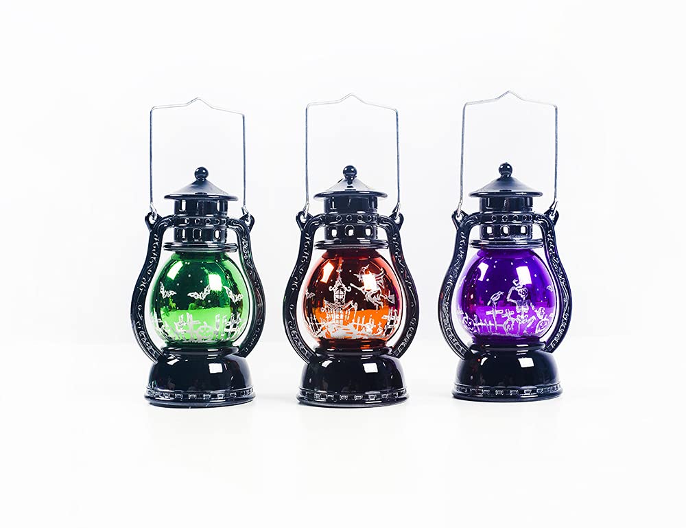 DSYADT 3-Piece Vintage LED Halloween Lantern Set - Small Oil Lamp Style Indoor/Outdoor Decor with Witch & Bat Design, Portable Tabletop Nightlight for Christmas Party, Garden, Home, and Gift (2.3 Inch) - Perfect for Spooky Decor, Patio Lighting, and Holiday Festivities