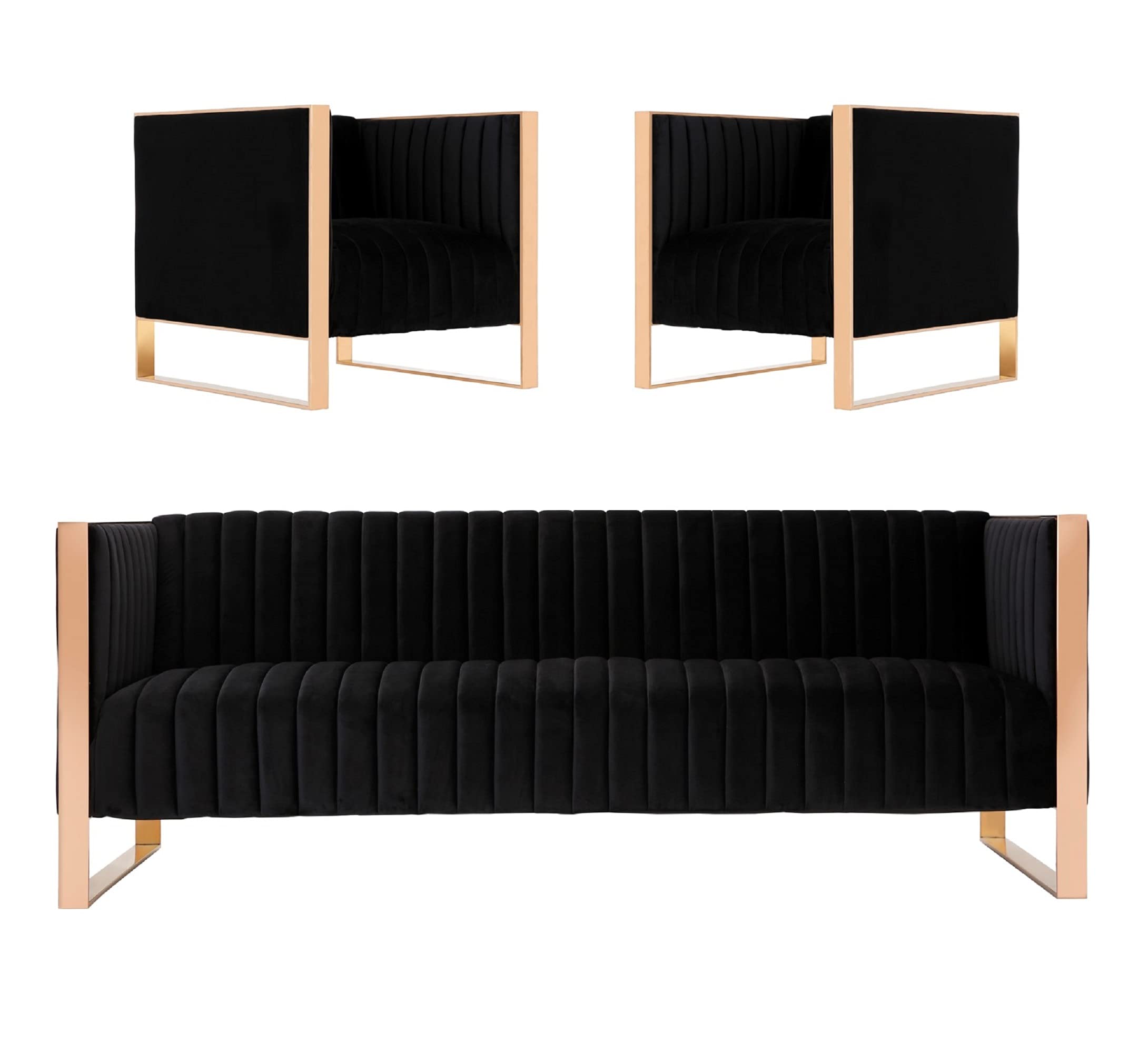 Trillium Velvet 3-Piece Living Room Furniture Set - Sofa & Chairs with High-Density Foam, Vertical Channeling & Gold Stainless Steel Frame (Black) | No Assembly Required | Perfect for Modern Apartments, Luxury Condos & Cozy Home Theaters