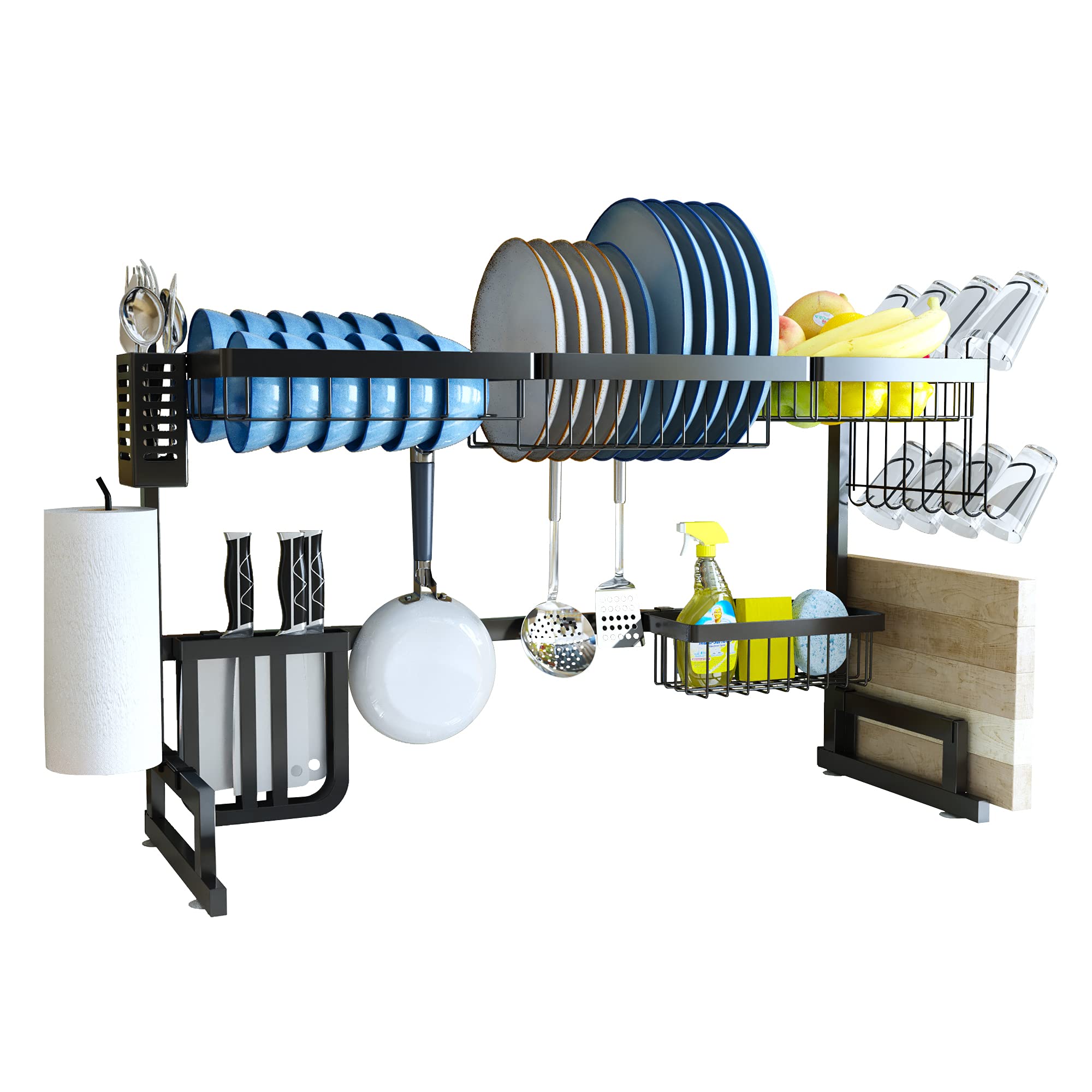 Stainless Steel Over The Sink Dish Drying Rack - Adjustable 33'' to 40'' 2-Tier Large Kitchen Organizer with Utensil Holder | Space Saving Tableware Drainer for Countertop & Small Kitchen Storage | Perfect for Drying Dishes, Cups, and Cooking Tools