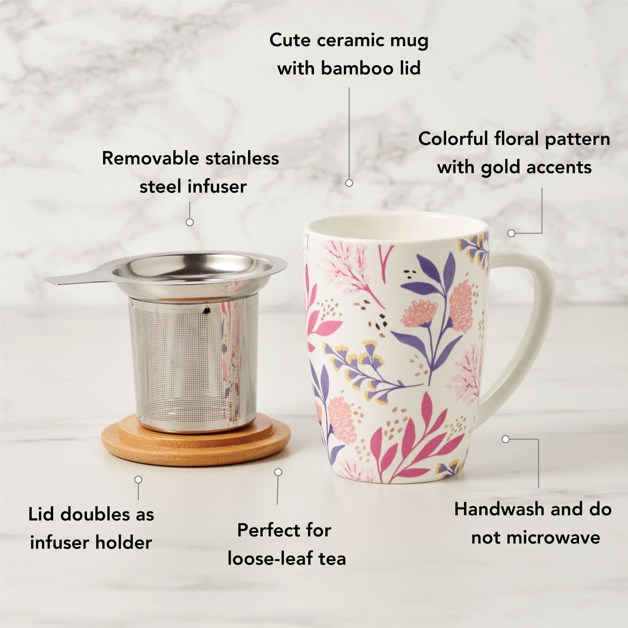 Bailey: Botanical Bliss Ceramic Tea Mug with Infuser - Perfect for Herbal Tea, Loose Leaf Tea & Gift Giving