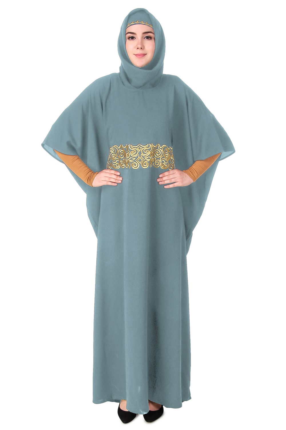 Handmade Gold Embroidered Waist Accent Kaftan Dress - Elegant Beach Cover Up & Boho Chic Homewear for Women