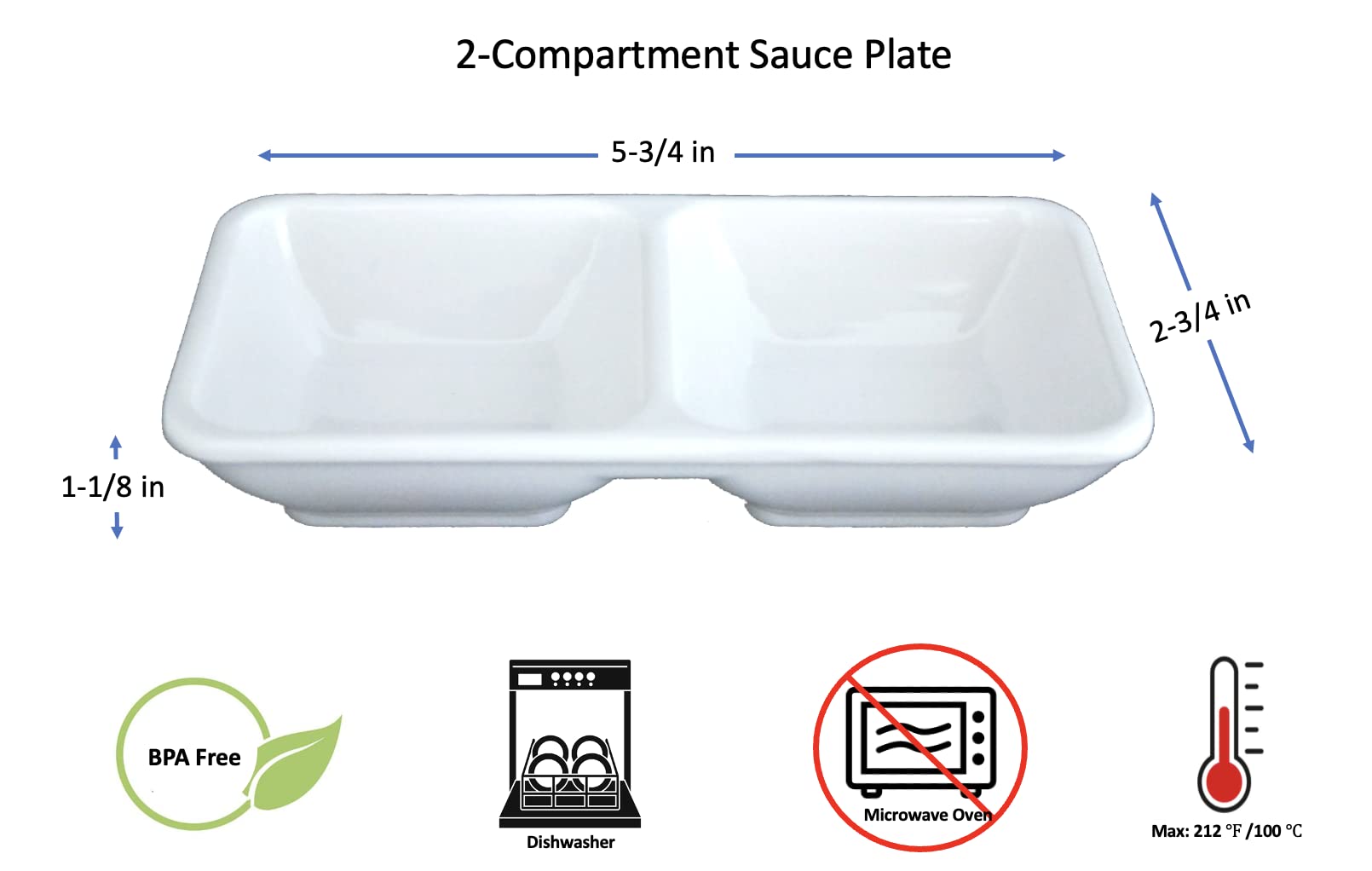 Melamine Rectangular Divided Plastic Dipping Plates - 2-Compartment Soy Sauce Dishes, White (144-Pack, 12 Dozen) - Perfect for Sushi Restaurants, Asian Cuisine & Party Serving Trays