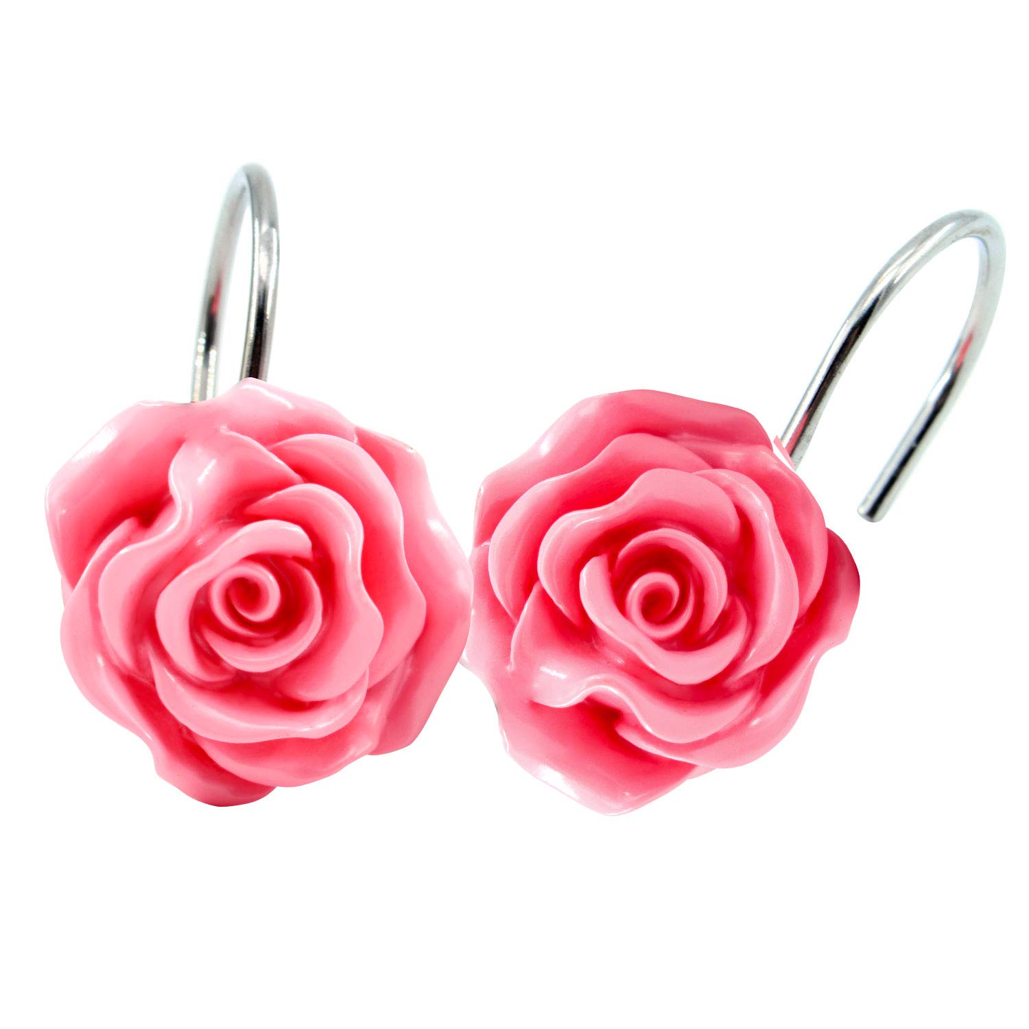BEAVO Rustproof Resin Rose Flower Shower Curtain Hooks - Set of 12 Pink Bathroom Hooks for Shower Rods & Curtains | Elegant Home Decor for Bathroom, Guest Room & Spa Style Showers