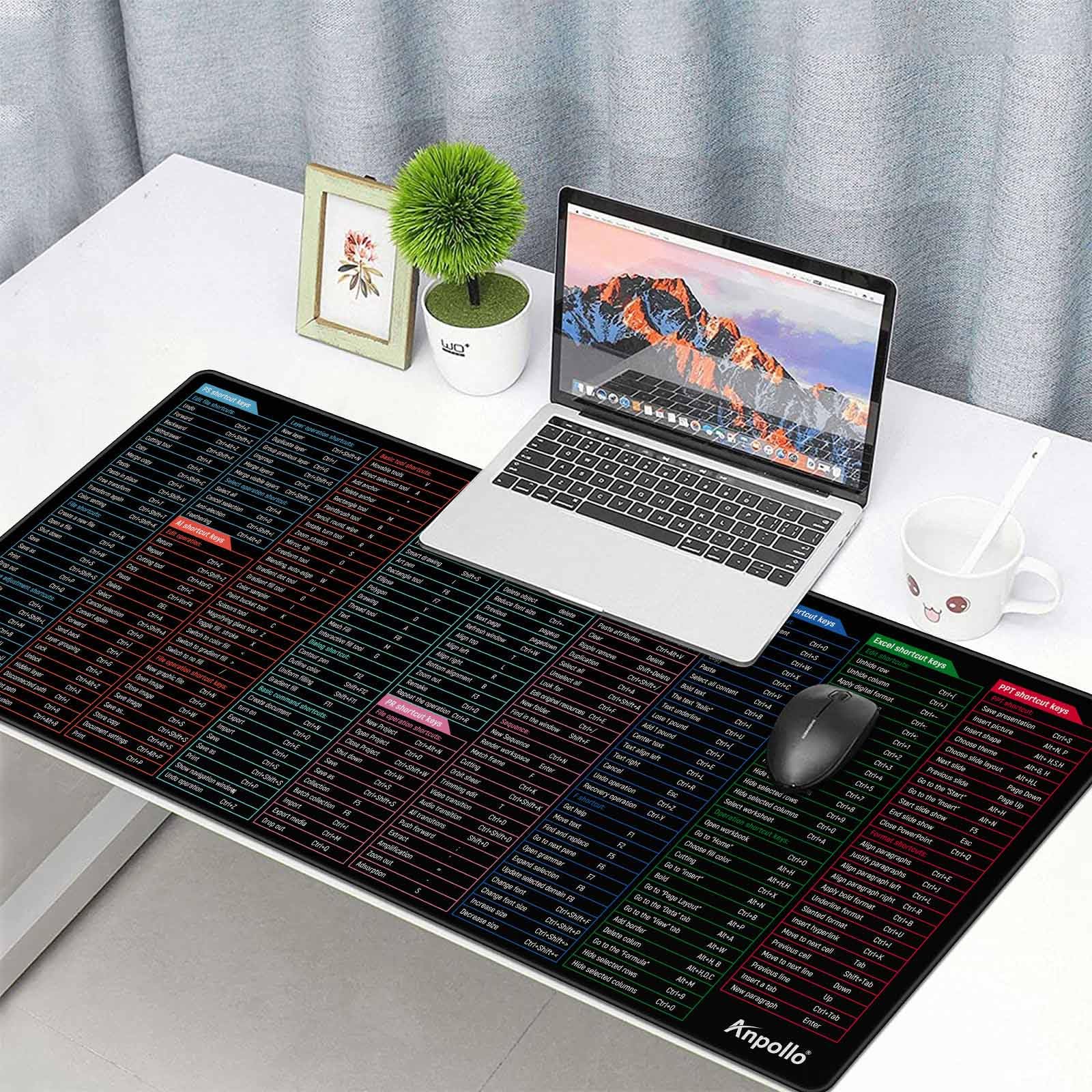 Anpollo Extra Large Excel Shortcut Mouse Pad - Non-Slip Office Keyboard Mat with Stitched Edges (35.4x15.7 Inch) - Perfect for Home Office, Gaming & Back to School Supplies - Boost Productivity with Quick Reference Shortcuts