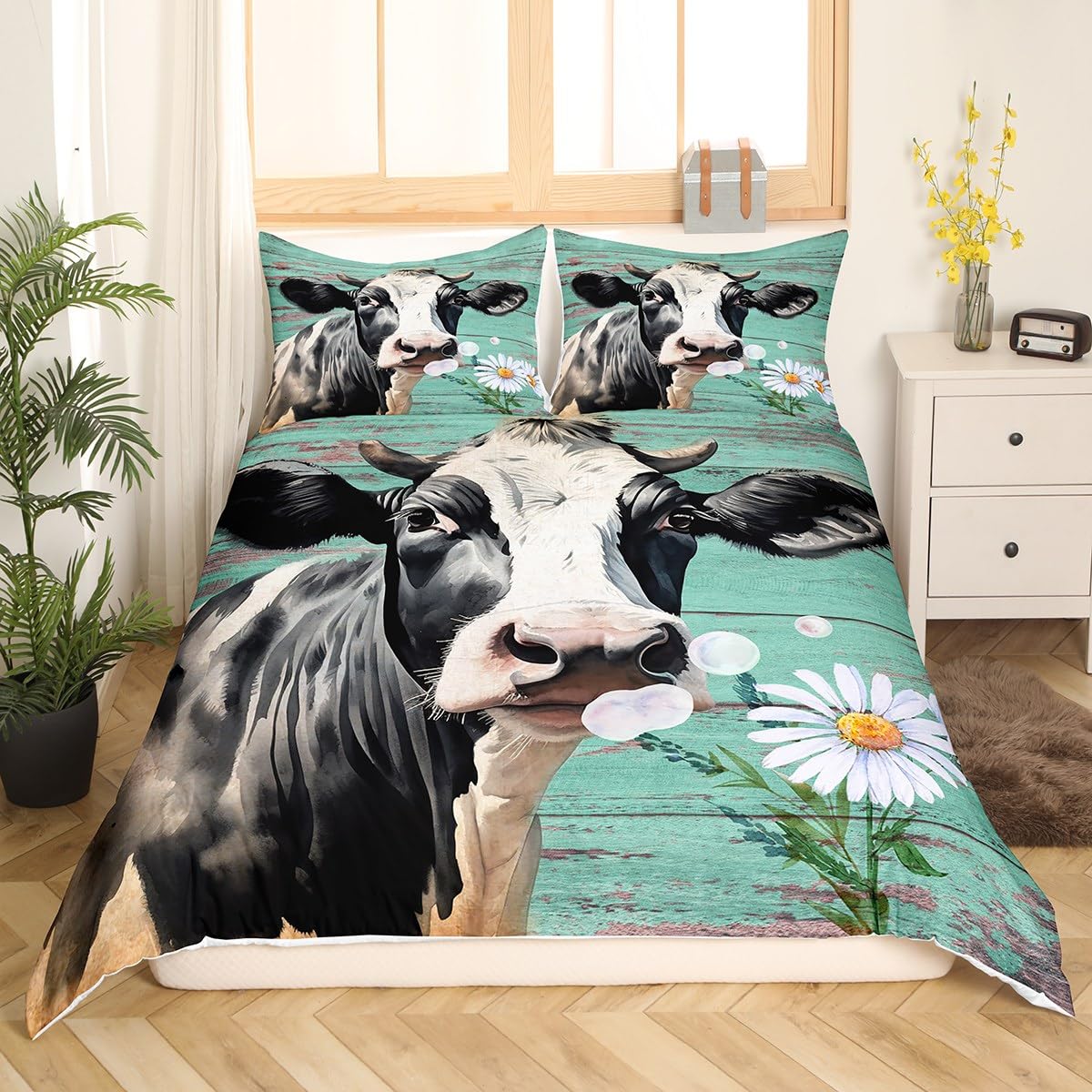 Highland Cattle Comforter Cover Set - Cow Print Duvet Cover Twin Size, Blue Daisy Floral Farmhouse Bedding with Western Cowboy Theme, 2-Piece Teal Decor | Perfect for Rustic Bedroom, Farmhouse Style Home & Western Themed Guest Room