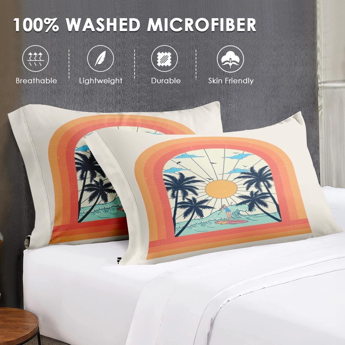 Queen Size Comforter Set - Tropical Palm Beach Summer Bedding for Kids & Adults, Soft Tree Sunset Surfboard Design with 2 Pillowcases - Perfect for Bedroom Decor, Guest Rooms & Vacation Homes